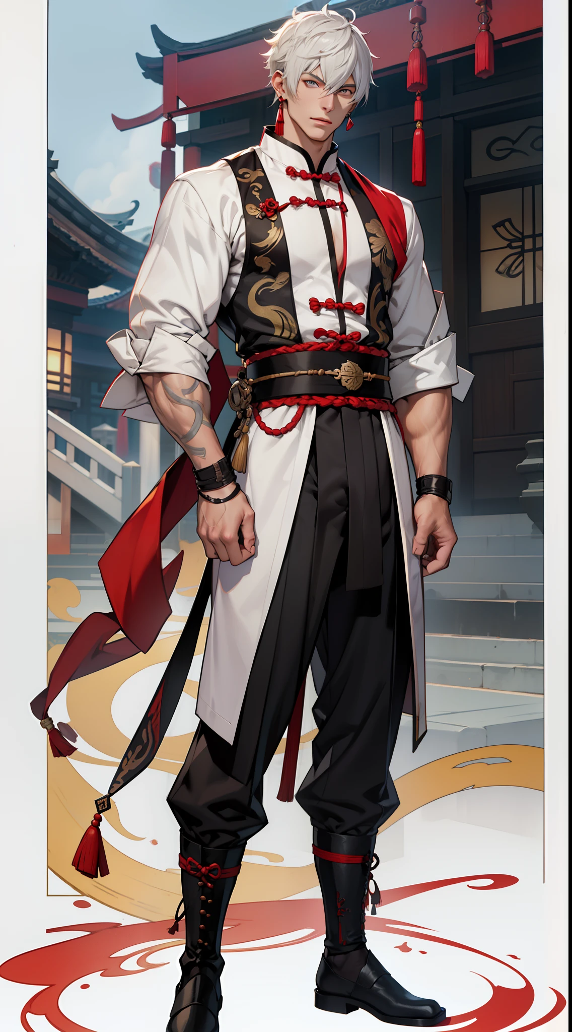 Handsome male. 6 ft 5 tall man. White hair. Short hair. Grey eyes. Eyepatch. Earrings. Toned body. Muscular male. Traditional chinese clothes. Genshin Impact. Full body. Hydro vision. Bulge in pants. Liyue, front nd back view