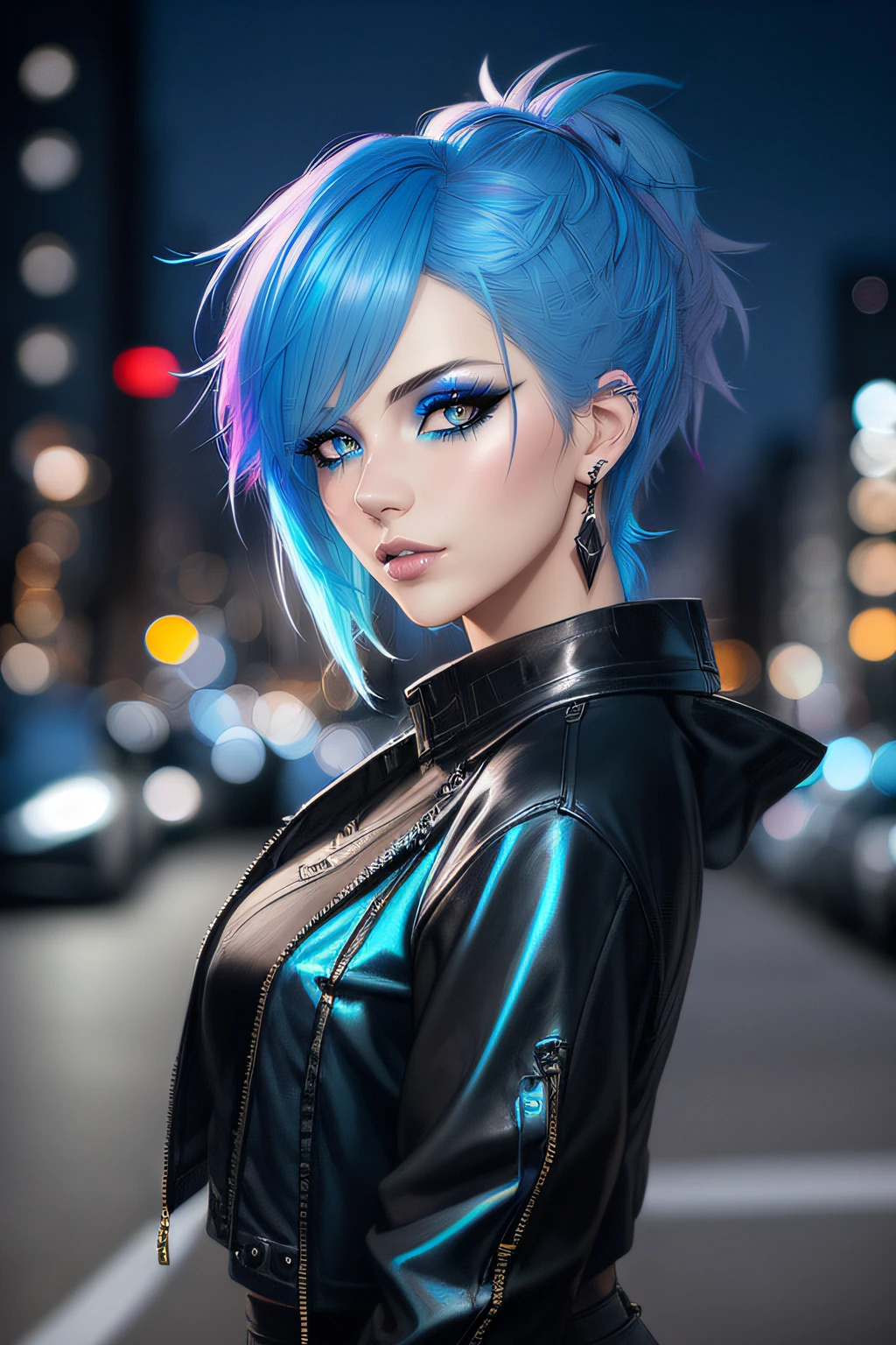 beautiful girl, half body portrait, short bright blue dishevelled hair, black eyeshadow, (street style wear:1.2), (city night background:1.2), dark makeup, digital art, trending on artstation, highly detailed, fine detail, intricate,  beautiful detailed glow, detailed, Cinematic light, high-res, detailed facial features, sharp focus, smooth, aesthetic,