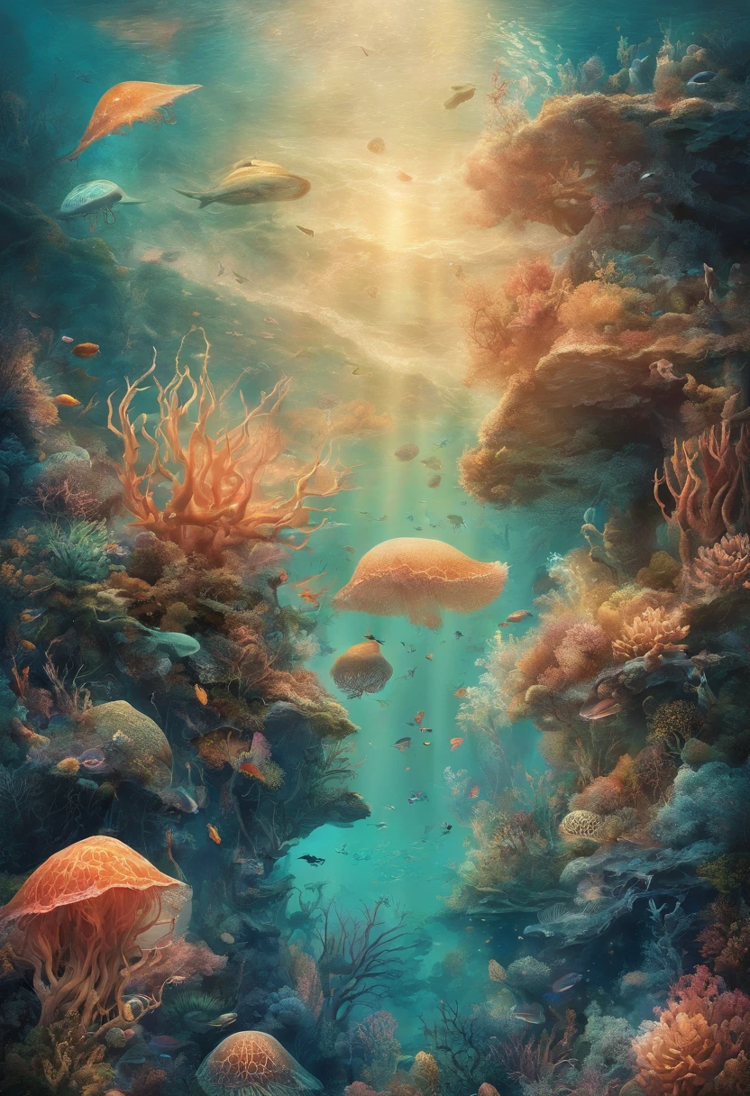 (best quality,4k,8k,highres,masterpiece:1.2),ultra-detailed,(realistic,photorealistic,photo-realistic:1.37),t-shirt design,surreal underwater scene,floating jellyfish,bioluminescent creatures,otherworldly atmosphere,ethereal colors,vibrant hues,soft and diffused lighting,intricate details,subtle textures,mystical ambiance,seamless blend of realism and fantasy,unique perspective,serene and peaceful mood,depth and dimension,impressionistic brushstrokes,mesmerizing glow,submerged plants and coral formations,elegant flow and movement,translucent and shimmering tentacles,magical and dreamlike,awe-inspiring and enchanting,underwater cityscape,surreal fusion of marine species,dynamic composition and balance,mystery and intrigue,playful interaction between creatures,suspended in time and space,harmony of organic and surreal elements,transformative beauty,artistic exploration of the unknown,unforgettable and captivating