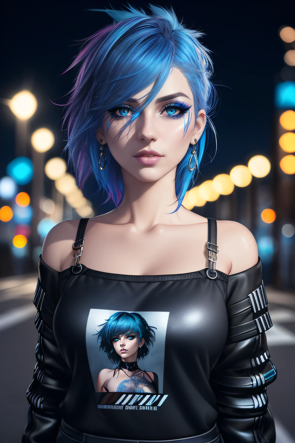 beautiful girl, half body portrait, short bright blue dishevelled hair, black eyeshadow, (street style wear:1.2), (city night background:1.2), dark makeup, digital art, trending on artstation, highly detailed, fine detail, intricate, beautiful detailed glow, detailed, Cinematic light, high-res, detailed facial features, sharp focus, smooth, aesthetic,