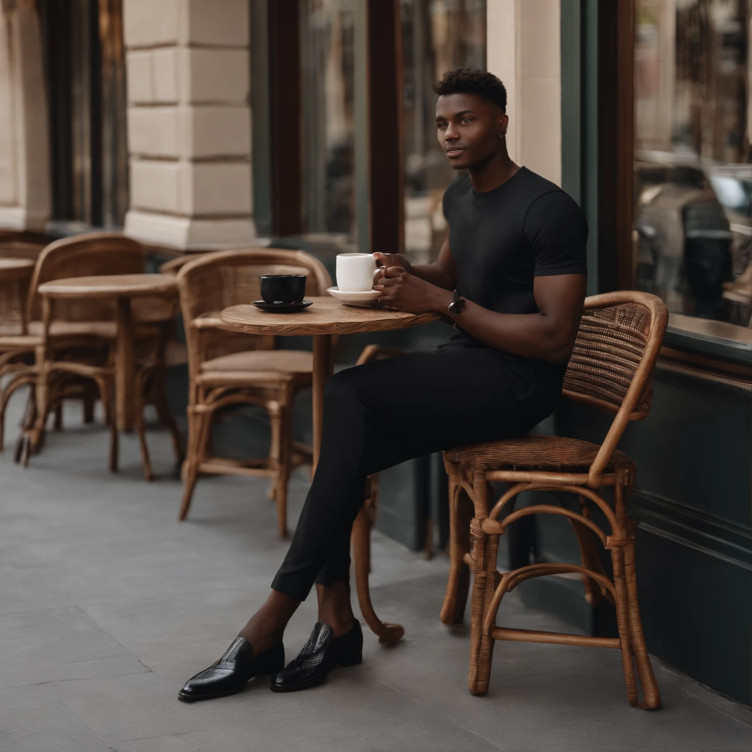 Jordan Berret model, dark skin, medium length hair, dark brown eyes, black Tshirt, formal brown pants, formal black shoes, enjoy a cup of coffee, outside of cafe, midday pov 1:5