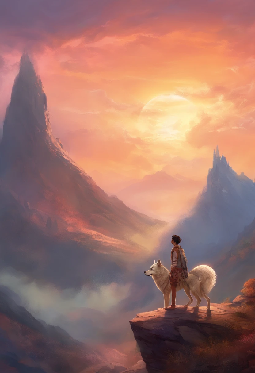 indian teenager walking with his friendly wolf in a mountain