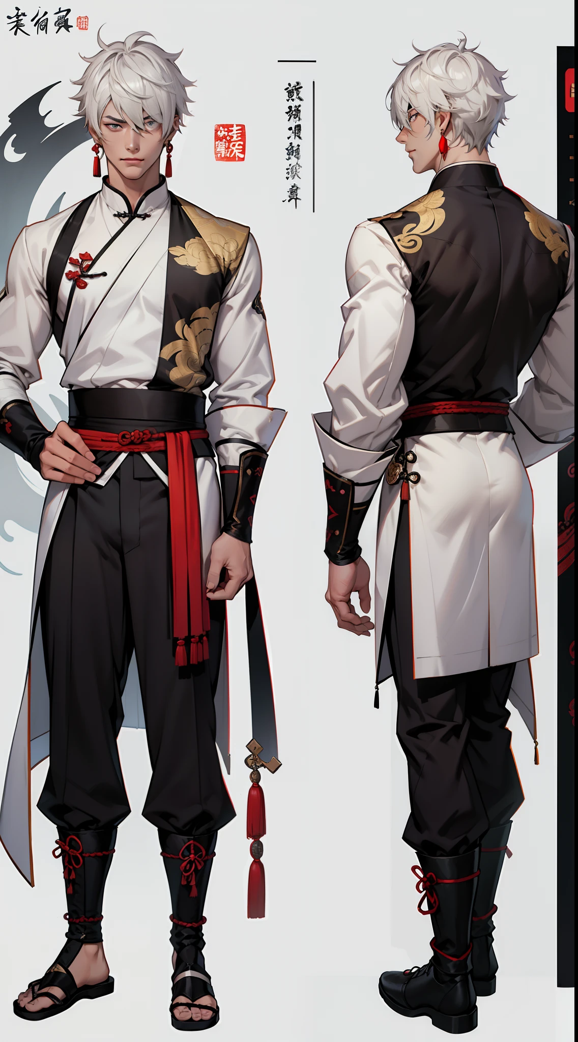 Character sheet, Handsome male. Perfect face, 6 ft 5 tall man. White hair. Short hair. Grey eyes. Eyepatch. Earrings. Toned body. Muscular male. Full body, front and back view, Traditional chinese clothes. Genshin Impact. Hydro vision. Bulge in pants. Liyue,