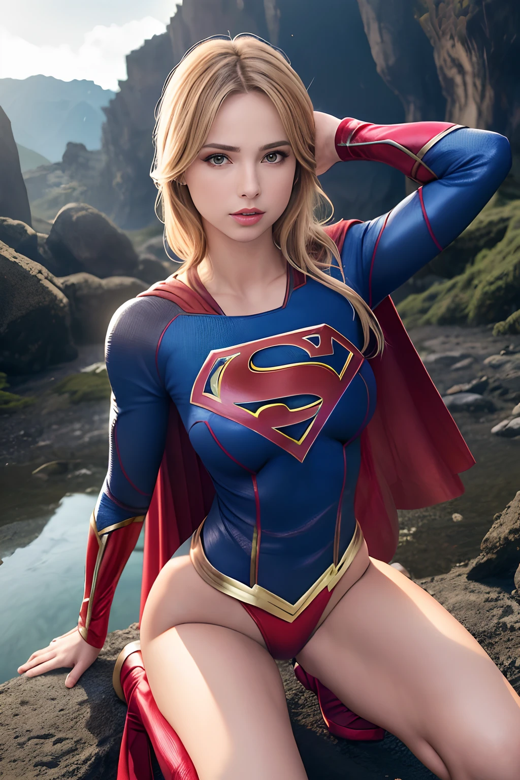 (Supergirl, erotic expression, Perfect female American goddess girl, incredible, beleza estonteante) Corpo da ****** definido, pele clara, cabelos claros, olhos verdes, Rosto bonito perfeito, seios perfeitos: 1.5, (corpo muscular: 1.1), Flexible Body , vestindo fantasia ((Supergir)) sexy swimsuit stuck in her pubic hair, Ela usa uma saia mostrando sua calcinha transparente ultrafina presa nela )), armadura, seios enormes e longos saindo de suas roupas, grandes seios longos destacando o decote, bunda gostosa, erotic image, (Erotic Armor Supergirl, calcinha molhada), profundidade de campo, Cinematic lighting, reflection light, melhor qualidade, disco duro, 16k, UHD, anatomicamente correto, piece of master, alta qualidade, High, Hard disk, Realistic photo, ultra detalhado, ((foto perfeita, foto tirada de baixo para cima mostrando a calcinha enfiada por baixo da saia)), ,