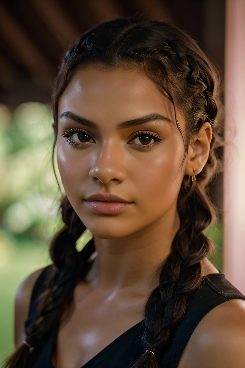portrait of skswoman, hopeful , wearing beachwear , with black Side braid , background dungeon epic (photo, studio lighting, hard light, sony a7, 50 mm, matte skin, pores, colors, hyperdetailed, hyperrealistic),