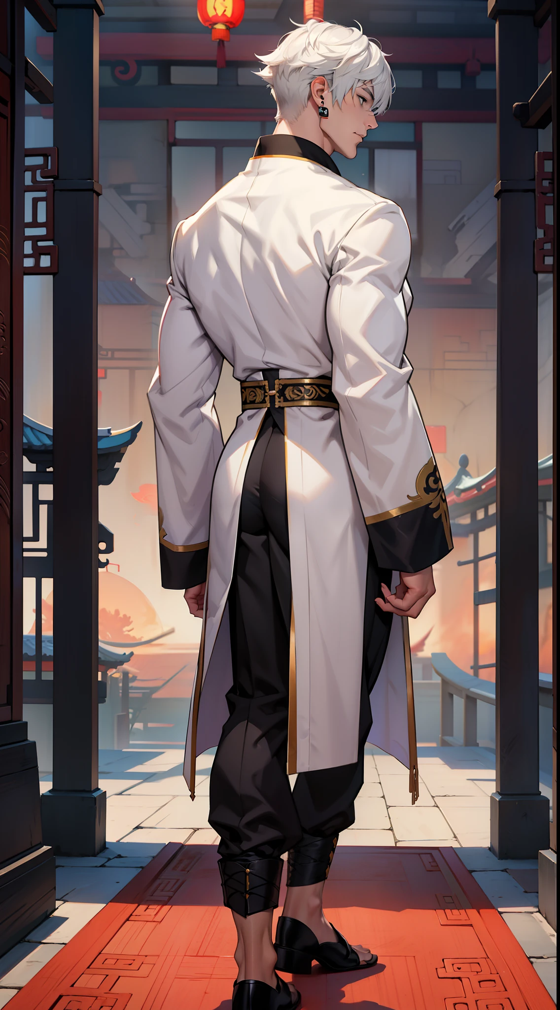 Character sheet, Handsome male. Perfect face, 6 ft 5 tall man. White hair. Short hair. Grey eyes. Eyepatch. Earrings. Toned body. Muscular male. Full body, front and back view, Traditional chinese clothes. Genshin Impact. Hydro vision. Bulge in pants. Liyue,