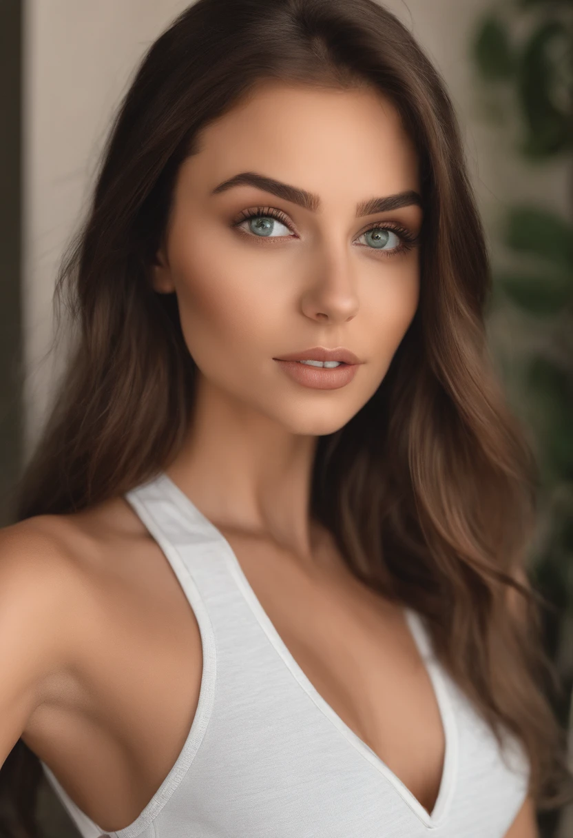 arafed woman with a white tank top and a necklace, sexy girl with green eyes, portrait sophie mudd, brown hair and large eyes, selfie of a young woman, bedroom eyes, violet myers, without makeup, natural makeup, looking directly at the camera, face with artgram, subtle makeup, stunning full body shot, piercing green eyes, beautiful angle, attractive pose, cute girl, sexy pose, full body picture, full body, full body shoot, brunette goddess, high detail, satisfied pose, leather pants