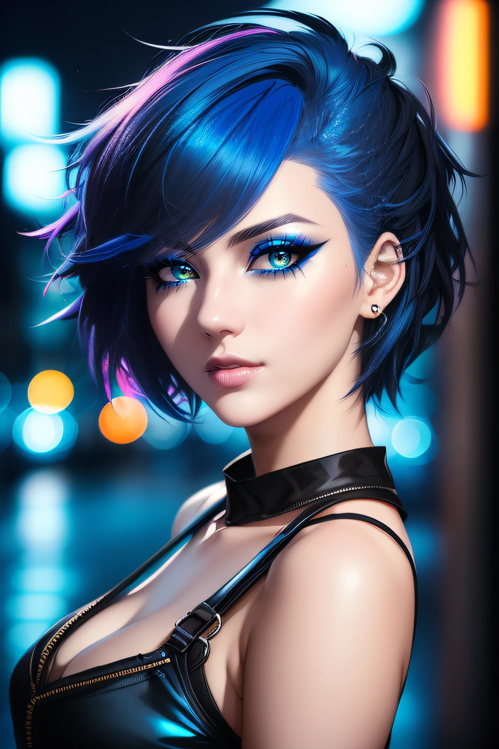 beautiful girl, half body portrait, short bright blue dishevelled hair, black eyeshadow, (street style wear:1.2), (city night background:1.2), dark makeup, digital art, trending on artstation, highly detailed, fine detail, intricate, beautiful detailed glow, detailed, Cinematic light, high-res, detailed facial features, sharp focus, smooth, aesthetic,