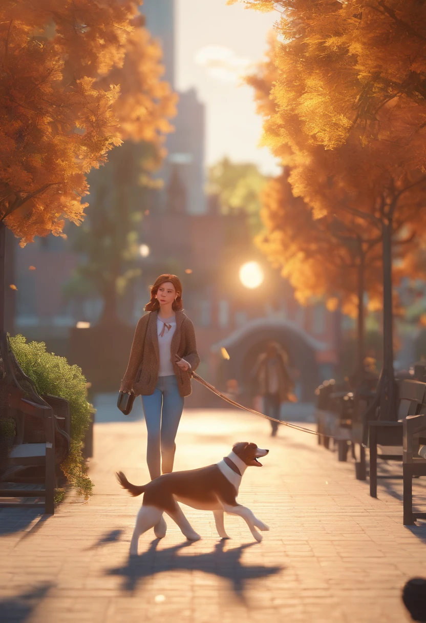 girl walking dog at a park on a sunny day