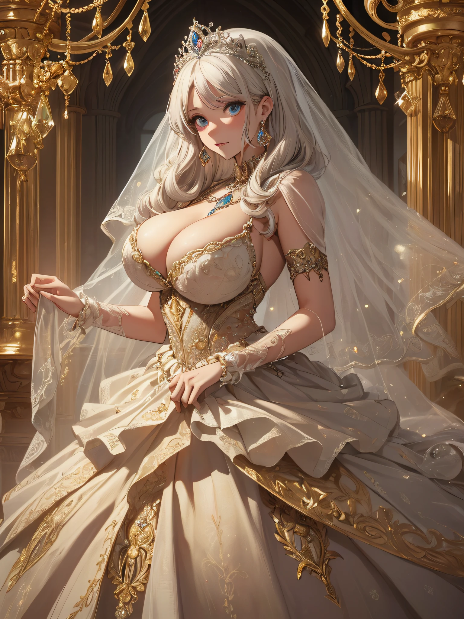 ((anime artstyle)),(Masterpiece),(Best Quality), (Super Detail),((Very Delicate and Beautiful)),cinematic lighting,1 lady,((full body portrait)),((solo)),digital art,(((1 princess in beautiful embroidery and jeweled extremely gorgeous princess rococo ballgown with voluminous full length hoop skirt))),crinoline,long train,((beautiful embroidery and jeweled)),voluminous frills,See-through,(gorgeous embroidery and beautiful lace),(((gigantic tits,skindentation,gigantic cleavage breasts))),cleavage,((large amount of straight hair,extremely voluminous Hair,Very Long Straight Hair)),((finely detailed face and eyes)),clear pupil,extremely gorgeousfull hair ornament,(bling-bling jeweled extremely gorgeousfull tiara),(bling-bling gorgeous gemstone jewelry),long veil,(beautiful background),(full body),((beautiful embroidery and jeweled extremely gorgeous princess rococo ballgown with voluminous full length hoop skirt))