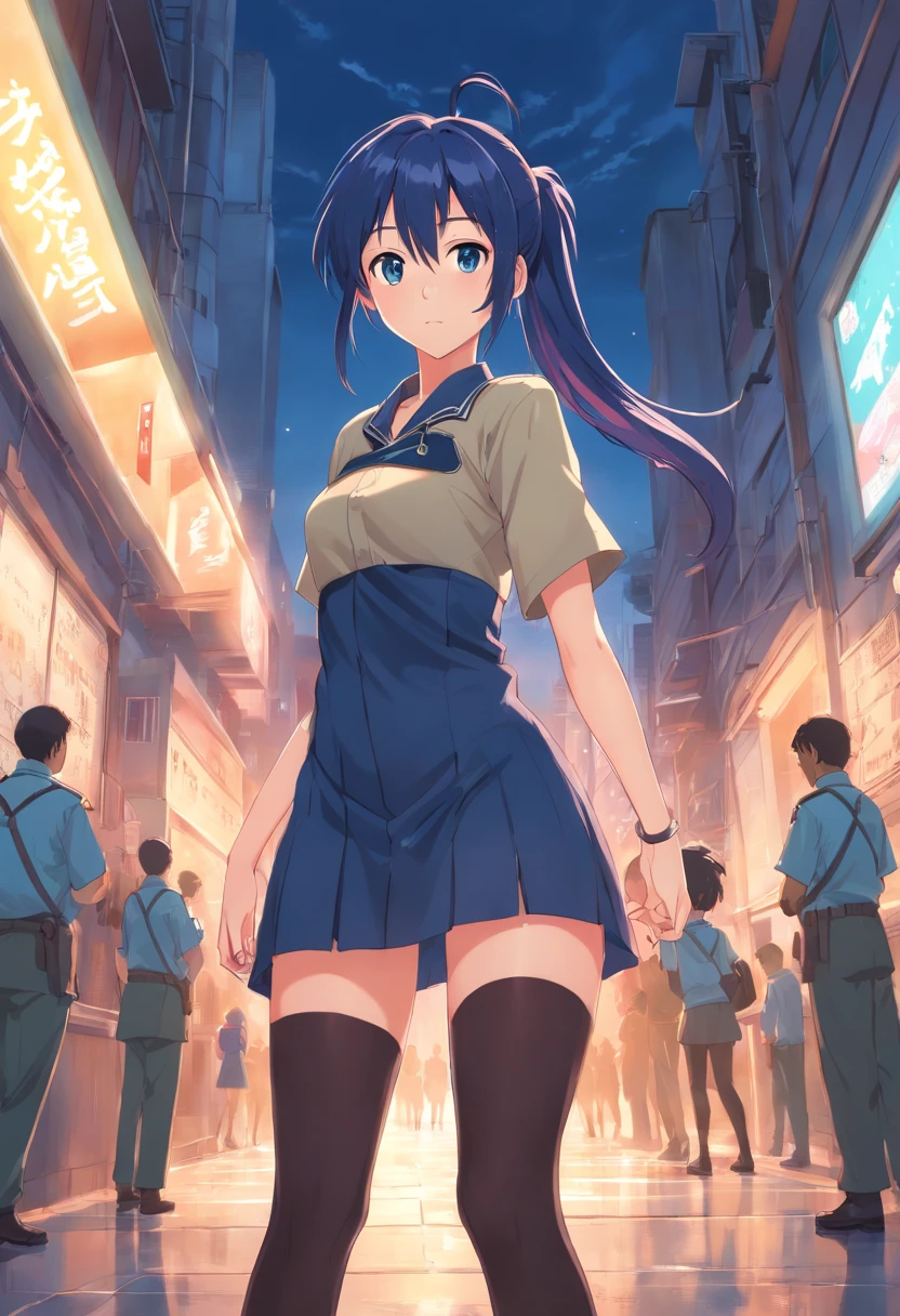 1girl in, soio, Laura S. Alceida (long dark blue hair, Ponytail and side van, tiny chest), (Inspired by the Cold Steel Road) In a school dress showing off her panties, In military schools, embarrassed,  see-through, chest exposed, cleavage large zoom, NSFW, absurd,((  small tits 1.6 ))