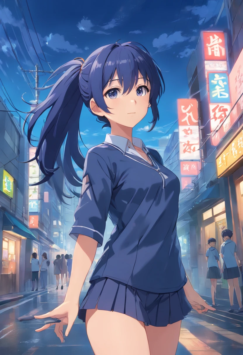 1girl in, soio, Laura S. Alceida (long dark blue hair, Ponytail and side van, tiny chest), (Inspired by the Cold Steel Road) In a school dress showing off her panties, In military schools, embarrassed, see-through, chest exposed, cleavage large zoom, NSFW, absurd,(( small tits 1.6 ))