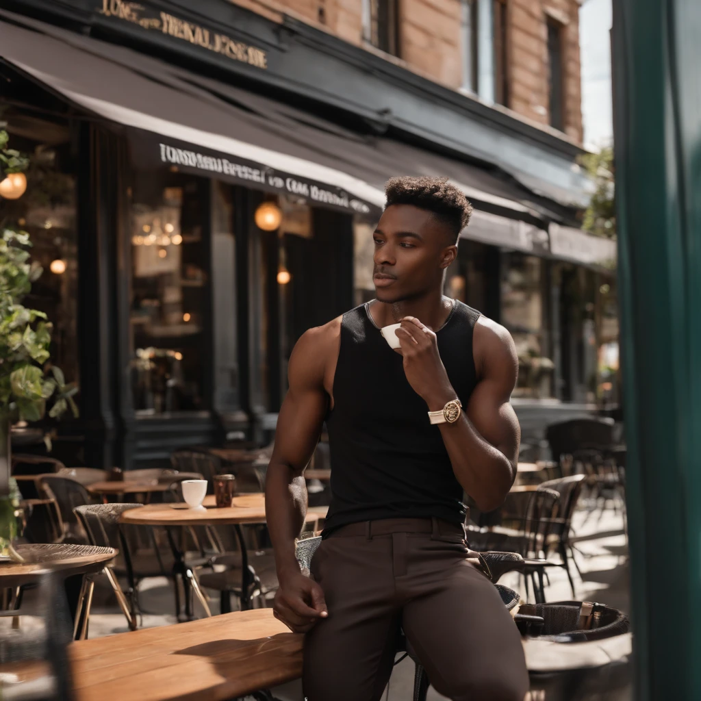 Jordan Berret model, male, dark skin, medium length hair, dark brown eyes, black Tshirt, formal brown pants, formal black shoes, enjoy a cup of coffee, outside of cafe, midday, pov 1:5, 1080p