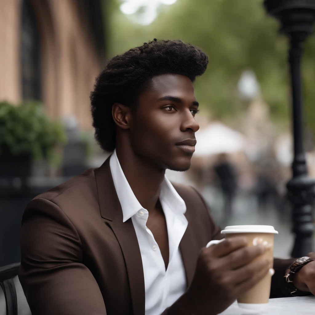 Jordan Berret model, male, dark skin, medium length hair, dark brown eyes, black Tshirt, formal brown pants, formal black shoes, enjoy a cup of coffee, outside of cafe, midday, pov 1:5, 1080p