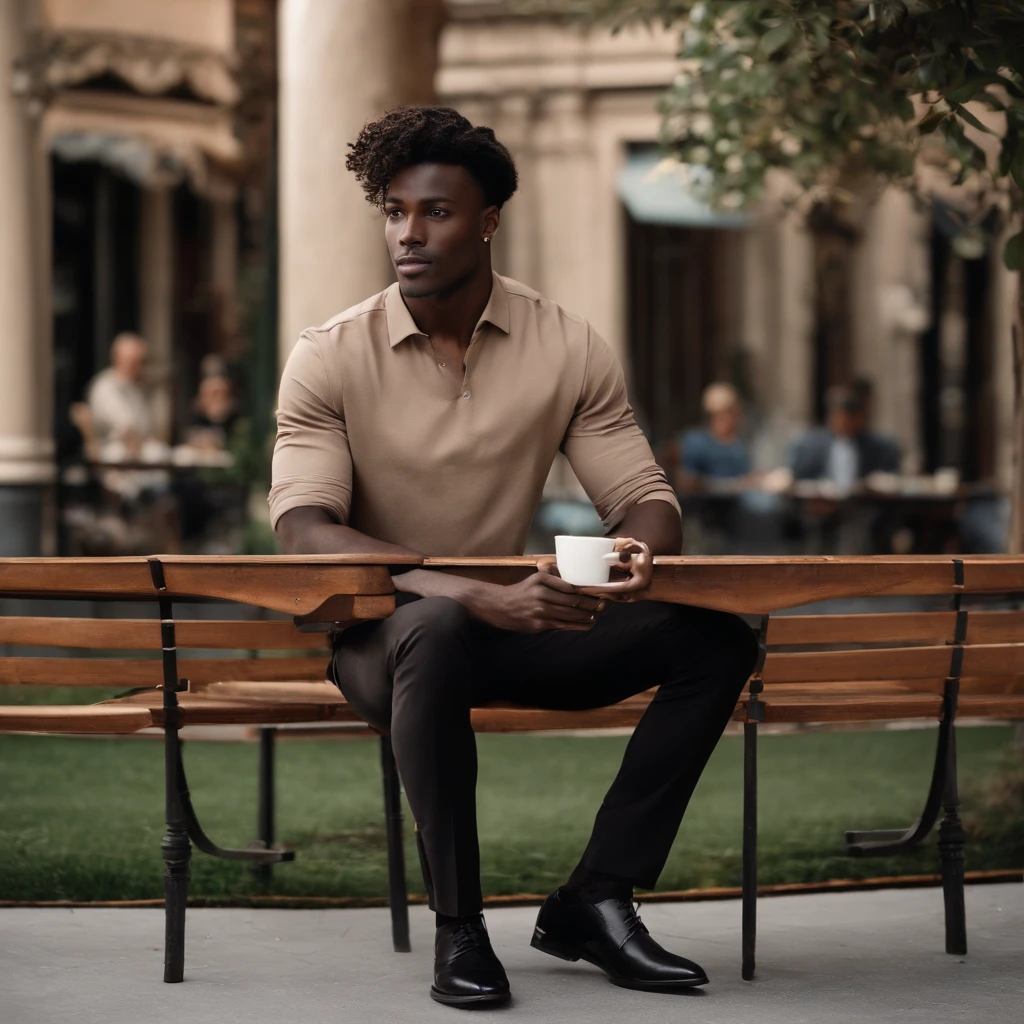 Jordan Berret model, male, dark skin, medium length hair, dark brown eyes, black Tshirt, formal brown pants, formal black shoes, enjoy a cup of coffee, outside of cafe, midday, pov 1:5, 1080p