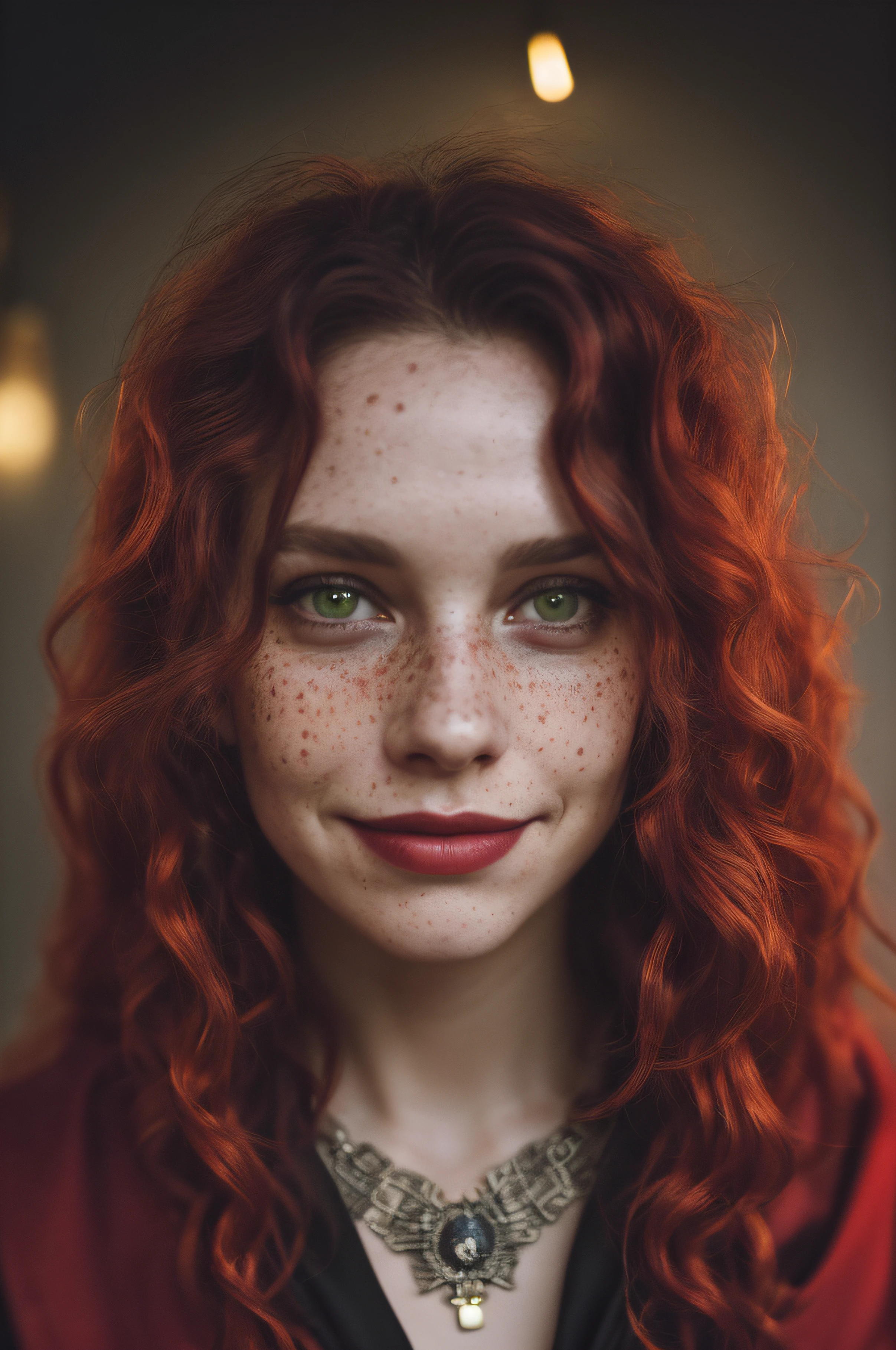 (close-up, editorial photograph of a 30 year old woman), (highly detailed face:1.4) (smile:0.7) (background inside dark, moody, private study:1.3) POV, by lee jeffries, nikon d850, film stock photograph ,4 kodak portra 400 ,camera f1.6 lens ,rich colors, hyper realistic ,lifelike texture, dramatic lighting , cinestill 800, wavy hair, messy hair, dreads, curls, smirk, malicious smile, red hair, freckles, green eyes, white skin, cloak made from the night sky, dark cloak, cloak with stars, jewels, necklace, thelema, witchcraft, babalon