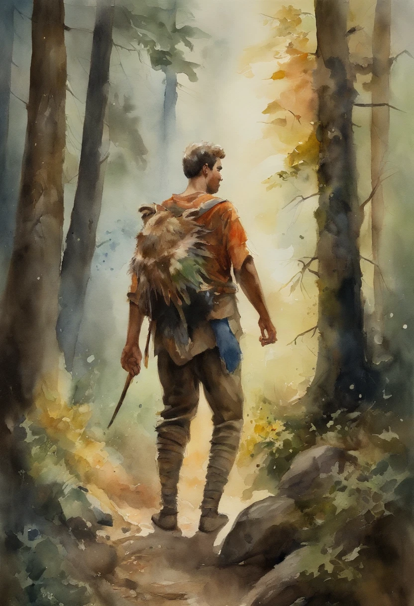 masterpiece, ((ager male that lives in the forest)), segurando um cajado, walking in a mountain, surrounded by friendly wolves, (neve), roupas de pele, (indian), selvagem, fairytale ::n_ one leg, body deformation, small wolf