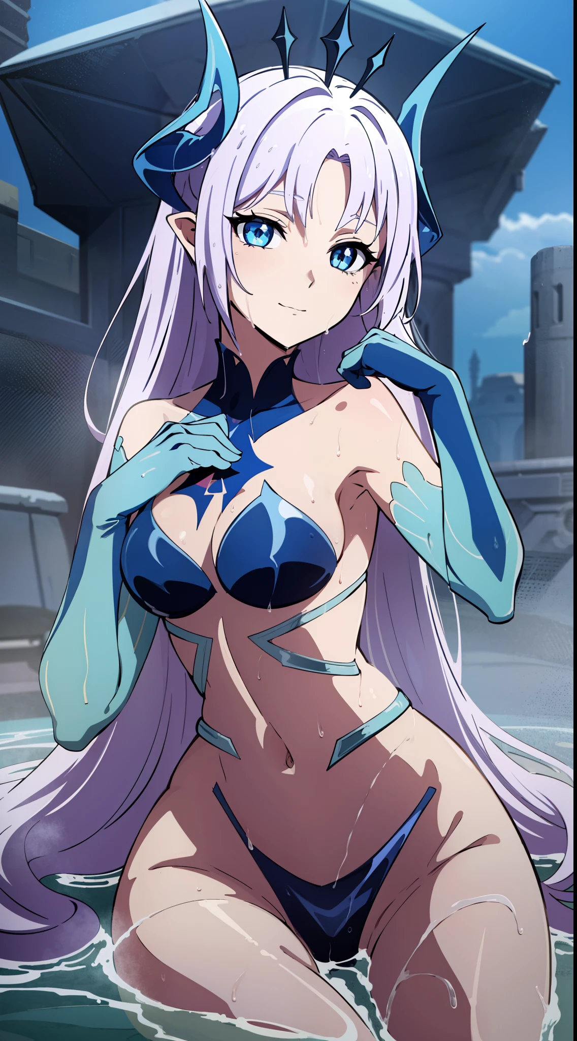 2D, HD, Detailed details, Detailed landscapes, beautiful lights, Beautiful Shadows, top-quality, Highly detailed, masterpiece, best quality, highres, solo, 1girl, luciela1-000005:1>, ishtar1, long hair, white hair, small breasts, closed mouth, smile, looking at viewer, highly detailed hands, highly detailed eyes, cleavage, Perfect hands, highly detailed face, full body, anime styled, loli, wet clothes