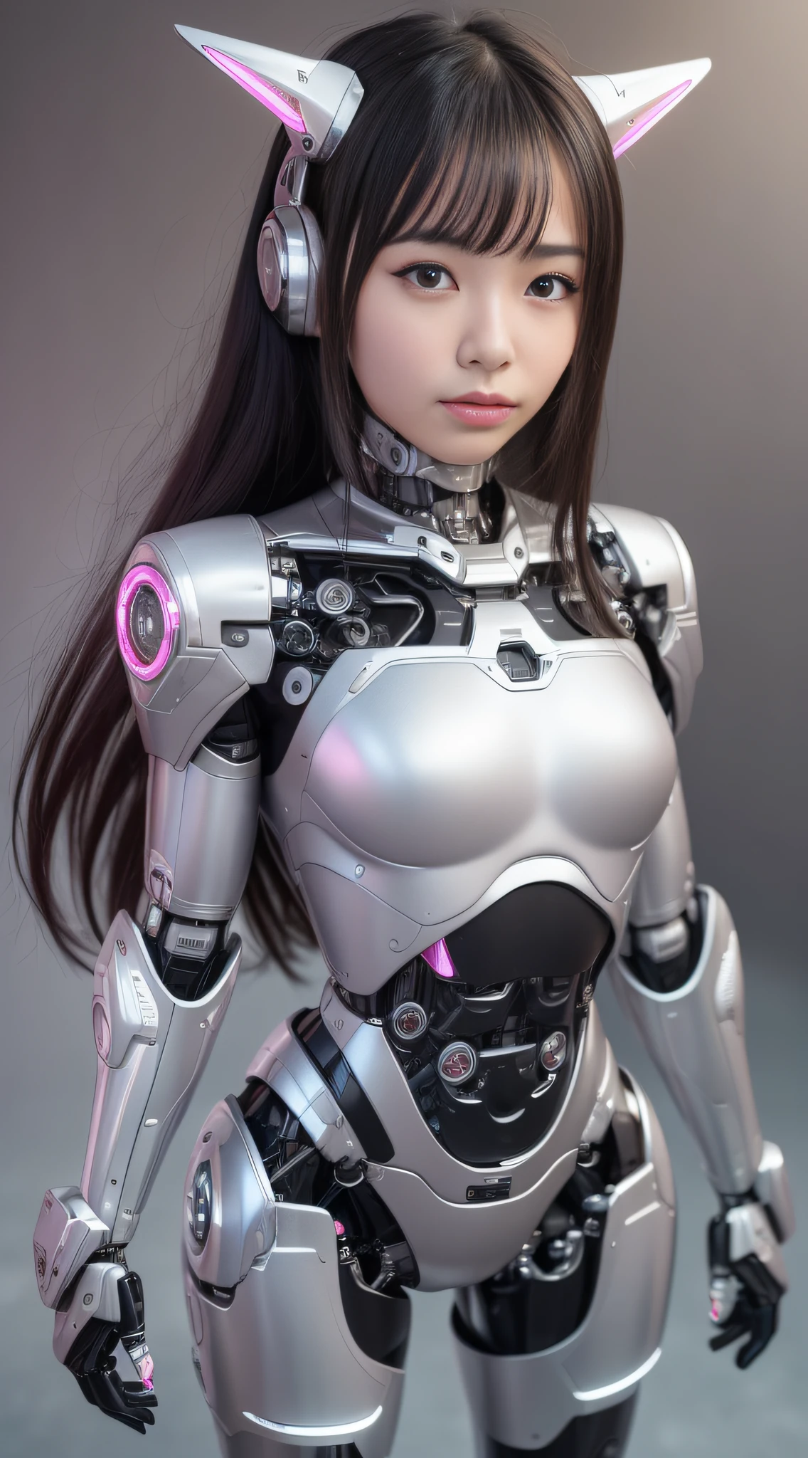(Photorealistic: 1.4), 1 girl, (best quality), (ultra-detailed face), (ultra-well-formed face), (((robot parts)), (cyborg girl), (pink), (silver), (metallic), (full-body), (moe pose), (thin), (), (model body type), (mecha exposure), (akihabara), (looking at camera), (black hair), (9 heads), (small face), (well-groomed fingers) , (Idol), (frontal), (standing), (photo session), (sad), (costume)