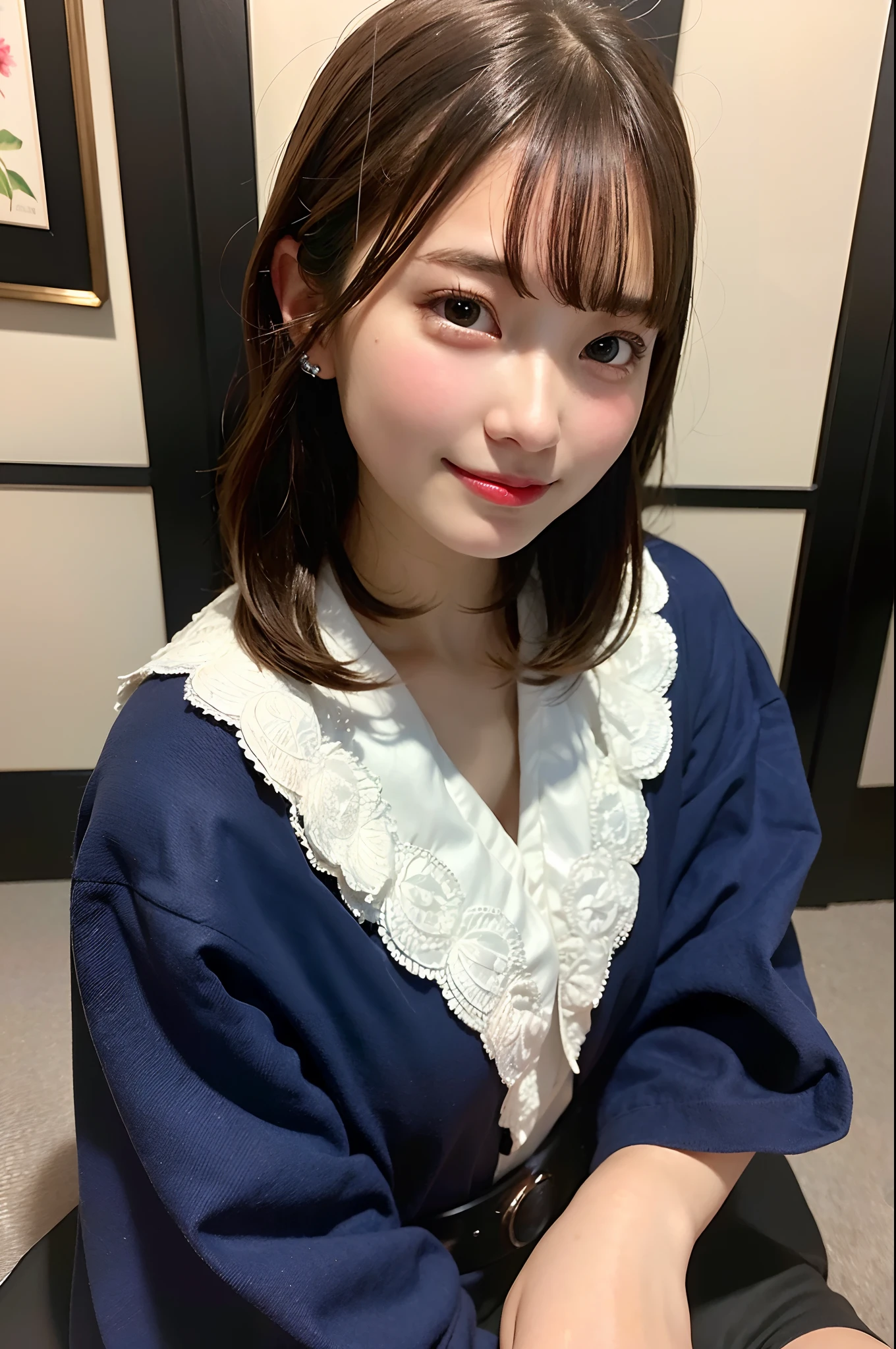 (top-quality、8K、32K、masuter piece、nffsw:1.2)、Bery short hair、profile、(slim figure:1.2)、(s lips) 、17 age、Kimono、Colossal tits、二重まぶた、shinny skin、Realistic rays、mare、beauitful face、(A smile:1.3)、crouching down、(From above:1.2)、(a closeup:1.4)、blurry backround、(Front Focus)、(Dark: 1.6)、Fantasy Art、photoRealstic、Professional Lighting、extra detailed face、Award-winning、deep-shadows、