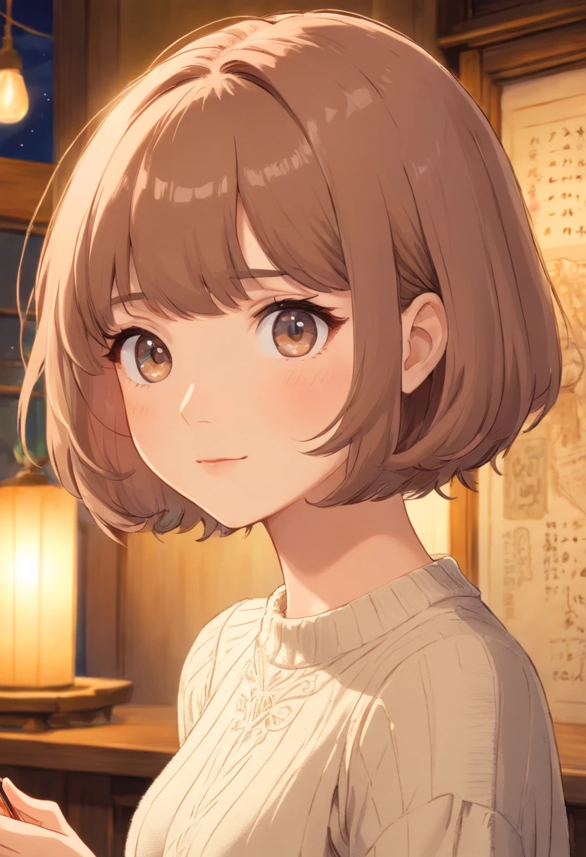 Short hair and white summer knitwear, Summer mating, Short hair, short hair with bangs, Girl with a cute face, Cute beautiful face in portrait, French Bob, pale fair skin!!, short brown hair and large eyes, soft portrait shot 8 k, Beautiful bright big eyes, Beautiful young girl, Young girl in bob haircut, The best picture quality, Masterpiece, Notes by Leonardo da Vinci da Vinci, Leonardo da Vinci's manuscript as background