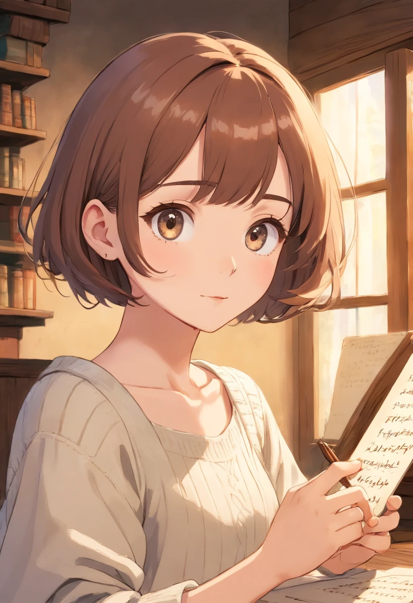 Short hair and white summer knitwear, Summer mating, Short hair, short hair with bangs, Girl with a cute face, Cute beautiful face in portrait, French Bob, pale fair skin!!, short brown hair and large eyes, soft portrait shot 8 k, Beautiful bright big eyes, Beautiful young girl, Young girl in bob haircut, The best picture quality, Masterpiece, Notes by Leonardo da Vinci da Vinci, Leonardo da Vinci's manuscript as background