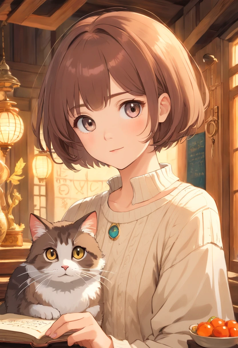 Short hair and white summer knitwear, Summer mating, Short hair, short hair with bangs, Girl with a cute face, Cute beautiful face in portrait, French Bob, pale fair skin!!, short brown hair and large eyes, soft portrait shot 8 k, Beautiful bright big eyes, Beautiful young girl, Young girl in bob haircut, The best picture quality, Masterpiece, Notes by Leonardo da Vinci da Vinci, Leonardo da Vinci's manuscript as background