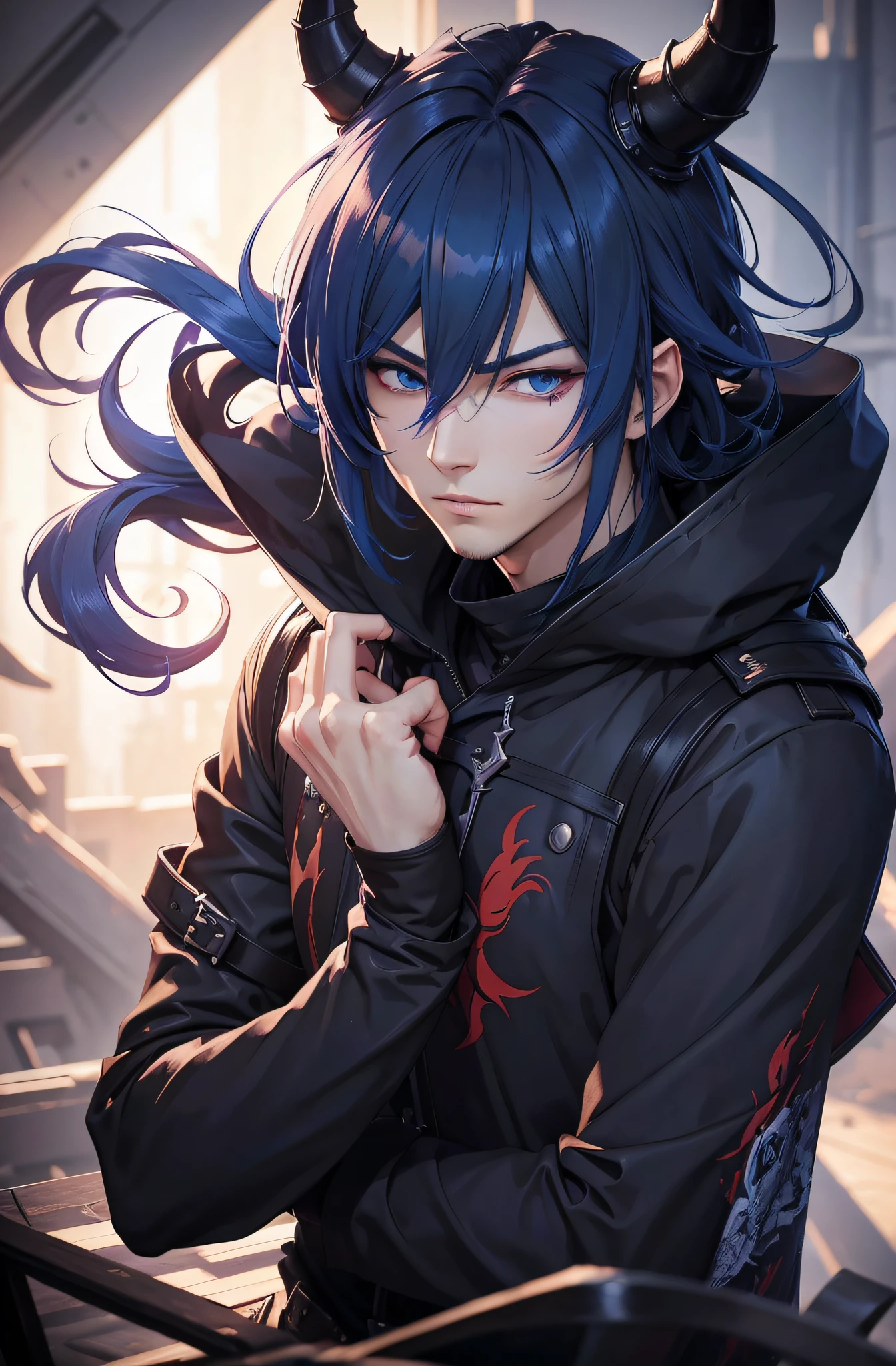 Anime - Stilbild eines Mannes mit blauen Augen und schwarzem Mantel, Handsome guy in demon killer art, Detaillierte digitale Anime-Kunst, Keqing von Genshin Impact, Badass Anime 8 K, Granblue Fantasy, anime art wallpaper 4k, von Yang J, anime art wallpaper 4 k, Dämonentöter-Artstyle, anime art wallpaper 8 k, Demon Slayer Rui Fanart