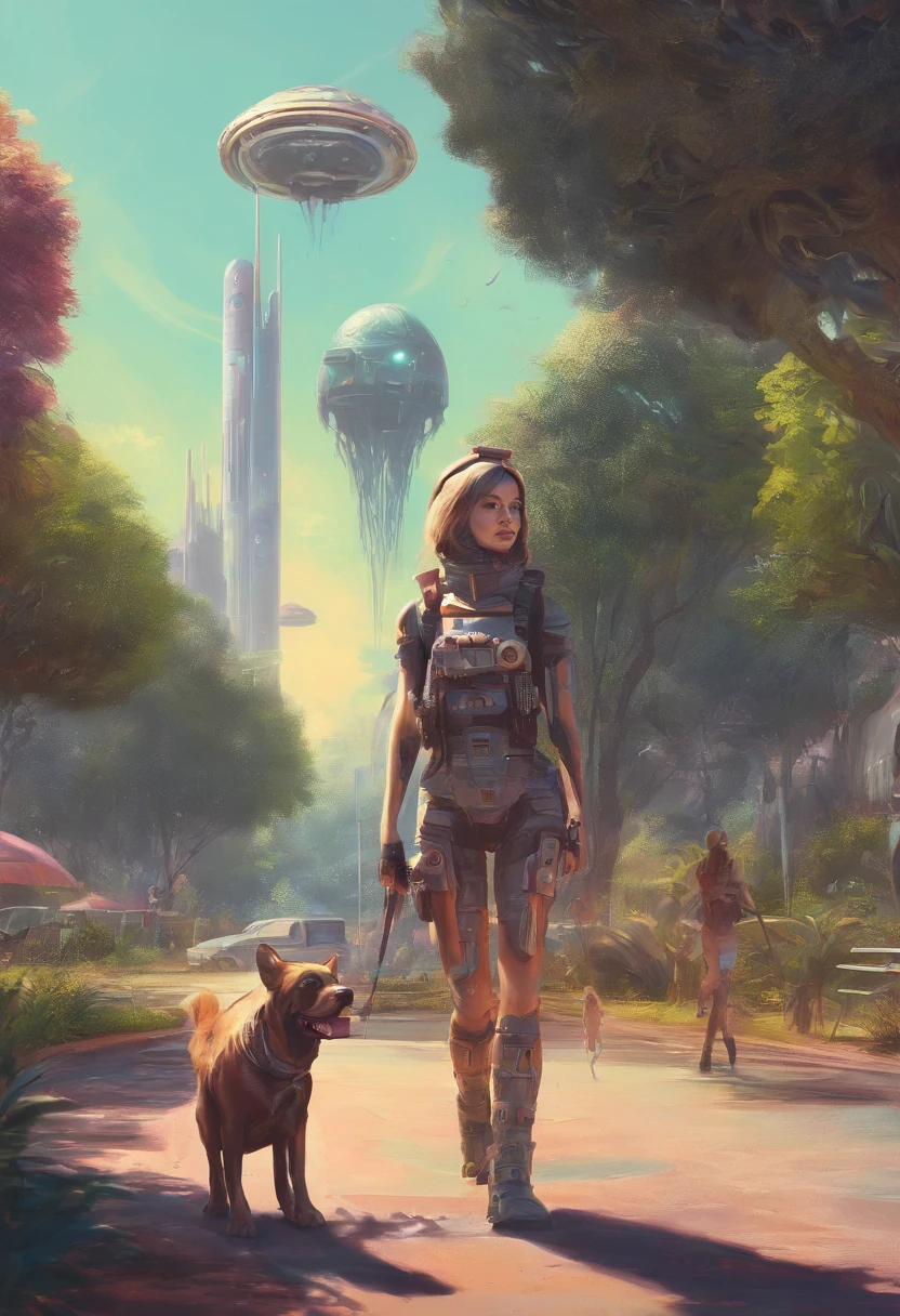 girl walking dog at a park on a sunny day