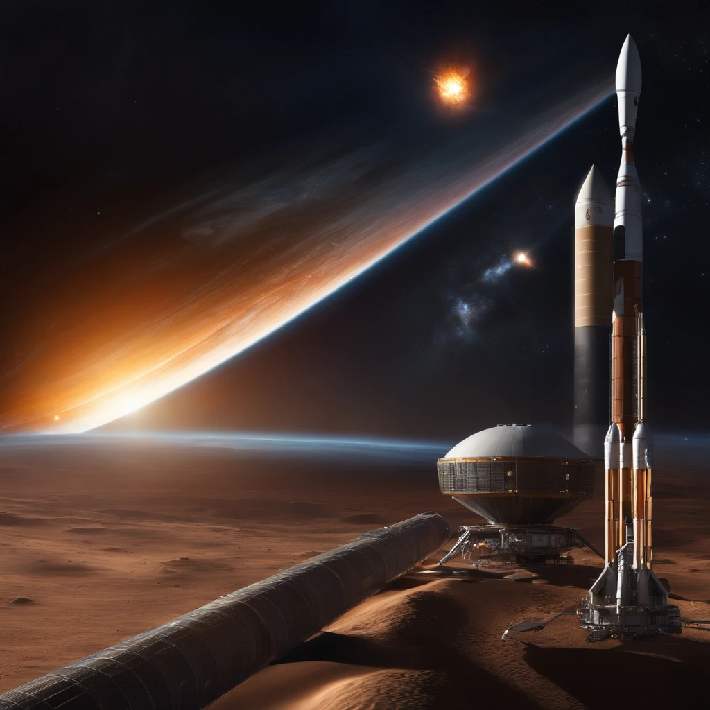 rockets orbit Jupiter's atmosphere, probes and epsacial satellites in the background