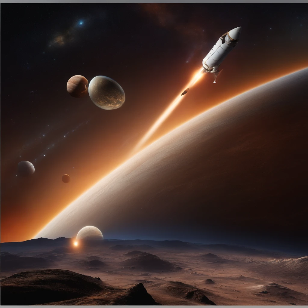 rockets orbit Jupiter's atmosphere, probes and epsacial satellites in the background