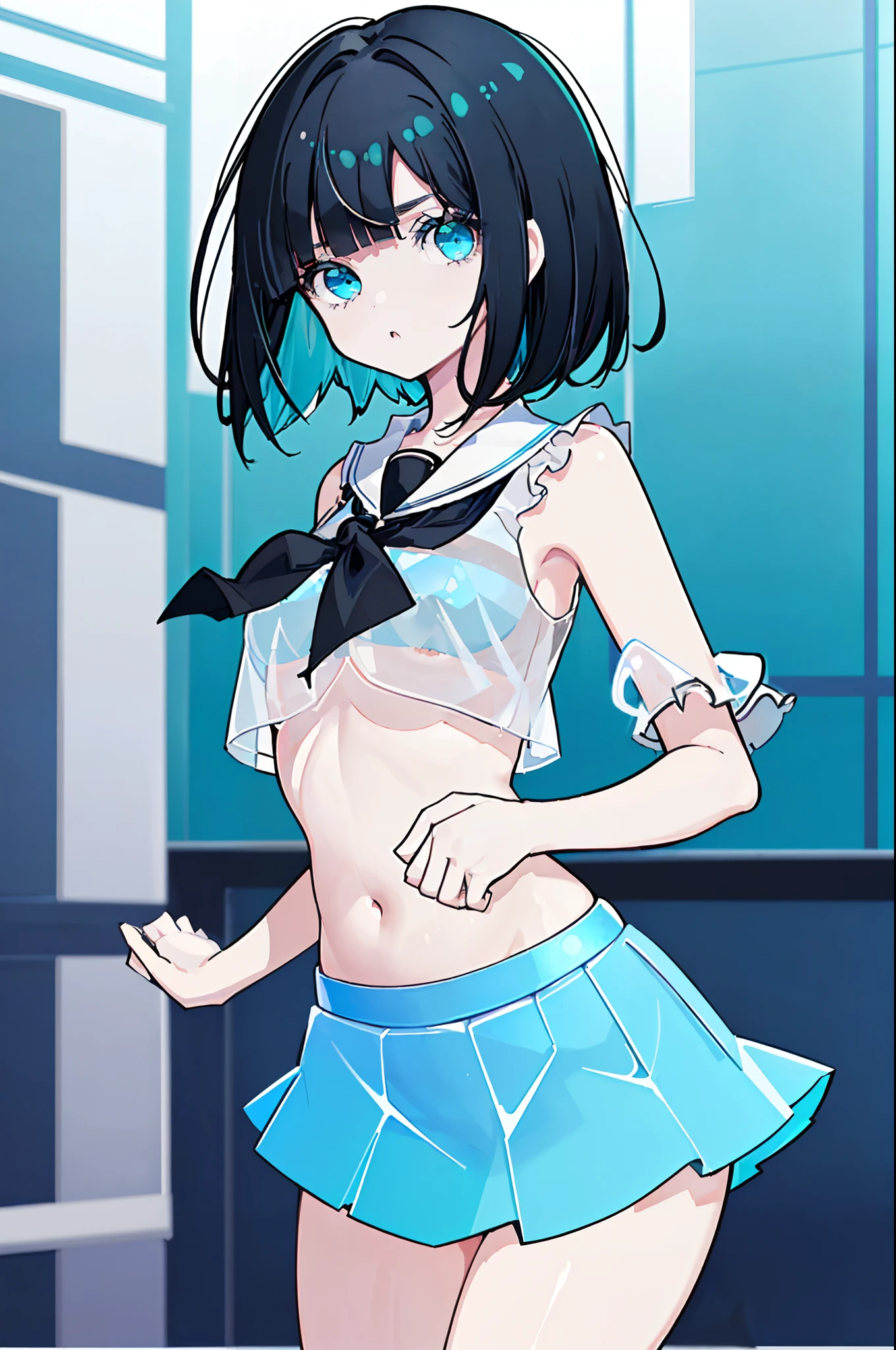 girls,with short black hair,Turquoise blue eyes,Transparent white pajamas,Sheer mini-short top,Superskirt,revealing her belly,exposing thighs,Lift the blouse with one hand,Lift the skirt with one hand,