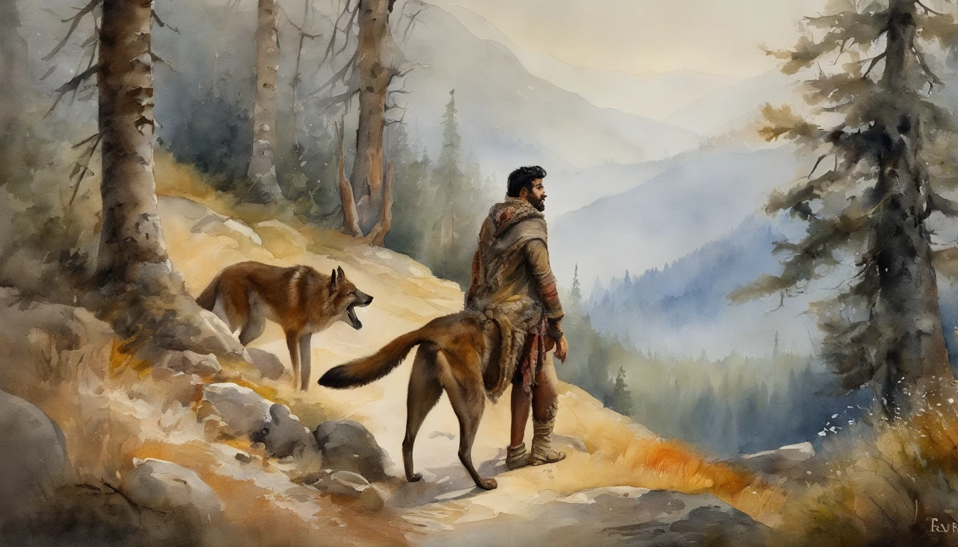 masterpiece, ((teenager male that lives in the forest)), segurando um cajado, walking in a mountain, surrounded by friendly wolves, (neve), roupas de pele, (indian), selvagem, fairytale ::n_ one leg, body deformation, small wolf