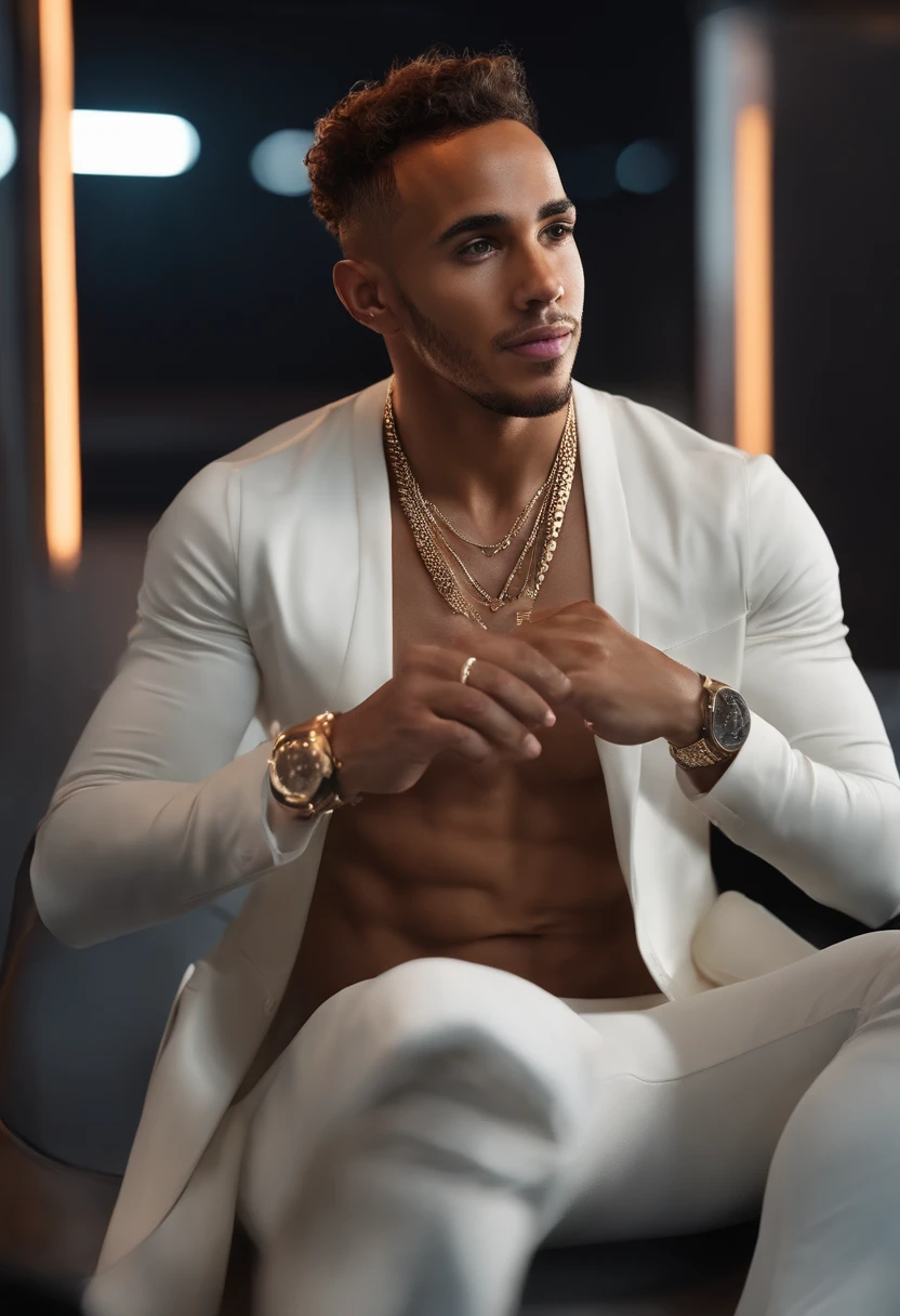 Cinematic soft lighting illuminates LEWIS HAMILTON with stunning, ultra-realistic details,Foto de cuerpo completo del frente,hermoso aspecto,Short Brown Messy Hair,ojos claros de miel,Sonrisa encantadora perfecta,Sexy Creado,Hombre caliente,insanamente bonita,Esa es la tendencia de ArtStation。Octane is the perfect tool to capture the smoothest details of this 16k photographic masterpiece。