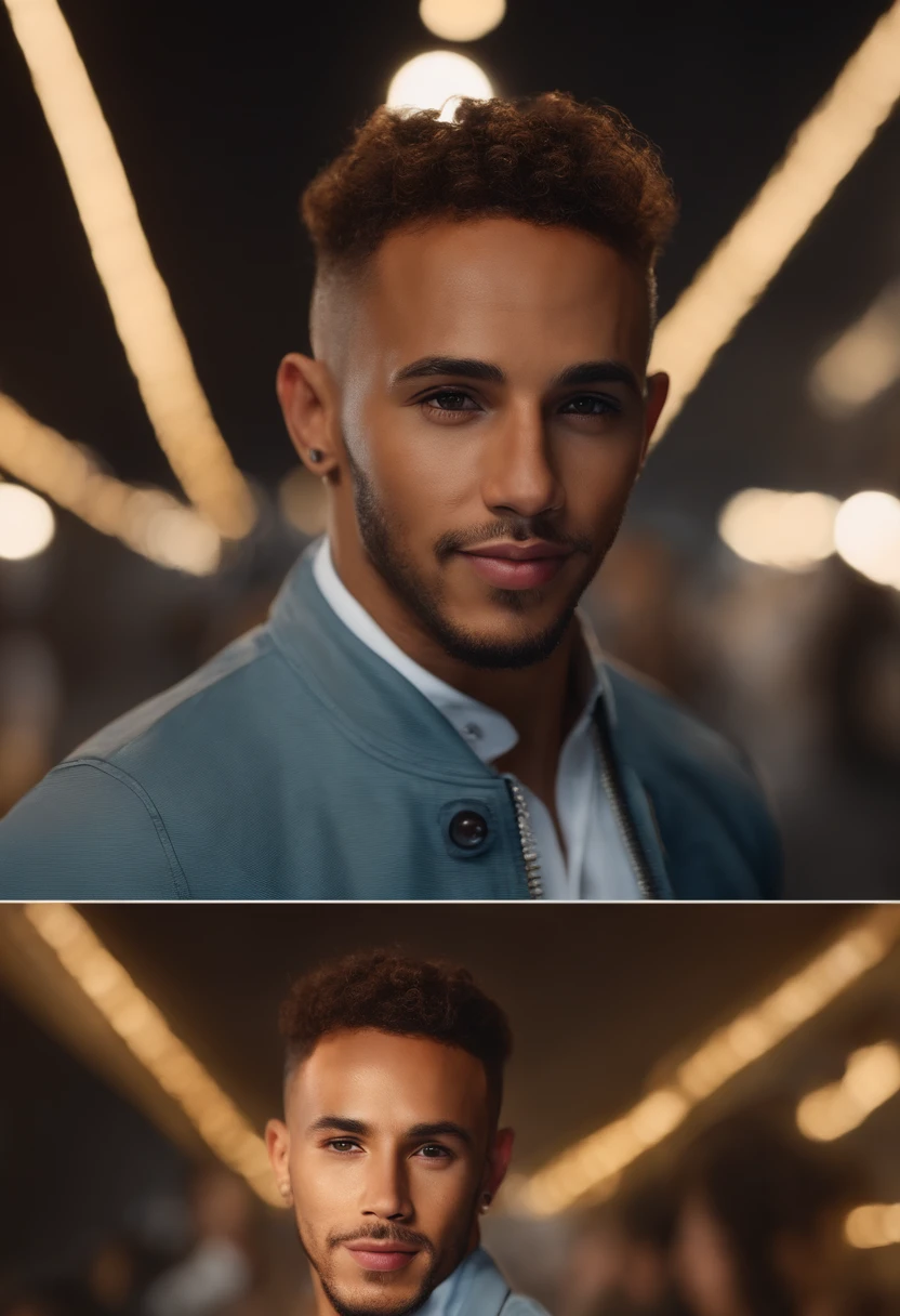 Cinematic soft lighting illuminates LEWIS HAMILTON with stunning, ultra-realistic details，Foto de cuerpo completo del frente，hermoso aspecto，Short Brown Messy Hair，ojos claros de miel，Sonrisa encantadora perfecta，Sexy Creado，Hombre caliente，insanamente bonita，Esa es la tendencia de ArtStation。Octane is the perfect tool to capture the smoothest details of this 16k photographic masterpiece。