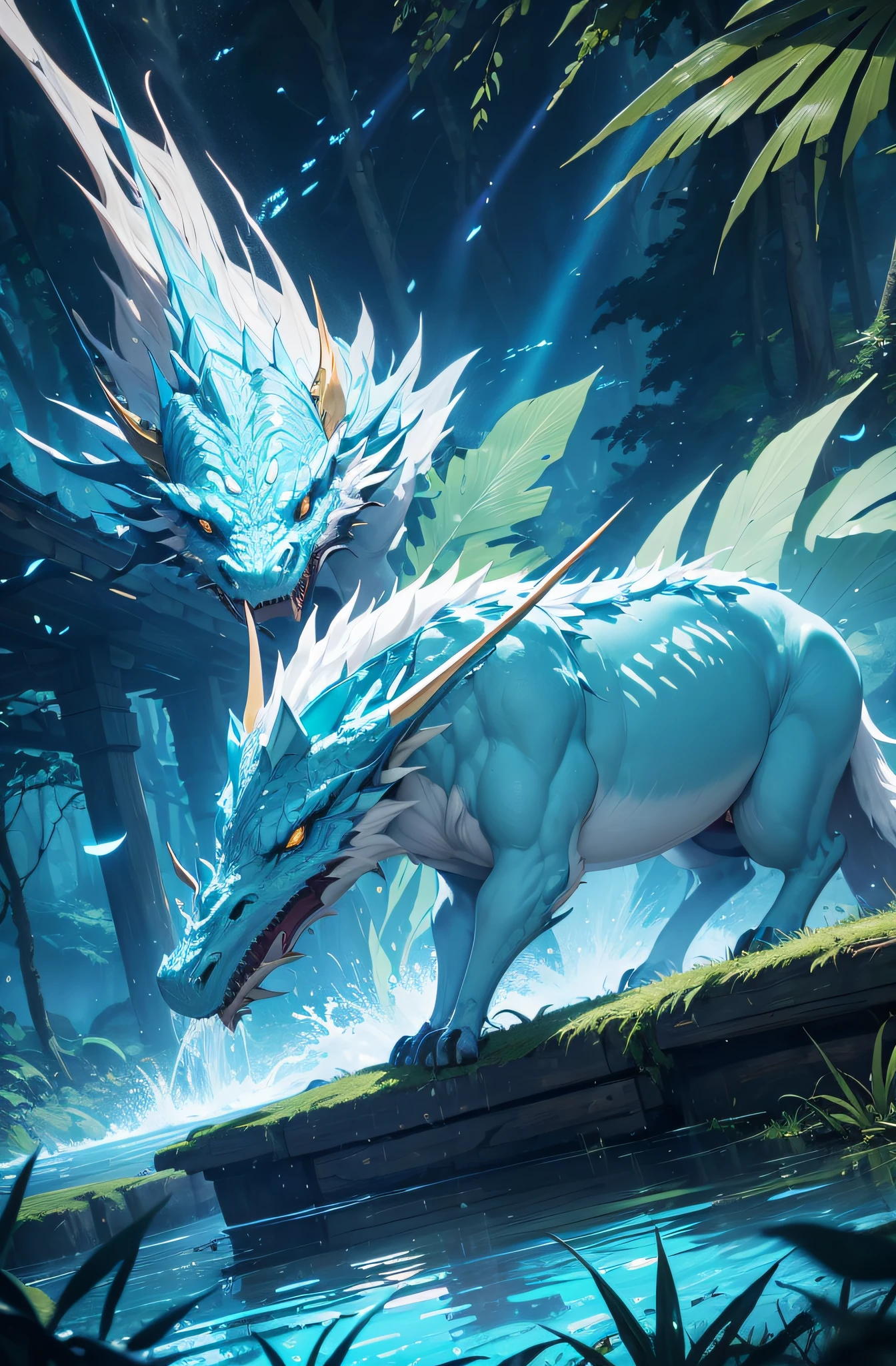 Yinyuejun\(Zeichen\),Drache1\(Funktionen\),verschwommener Hintergrund,Wald,Hintergrundbeleuchtung,Fluss,Spray,eine Hand nach oben,floating on the surface of the water,Riesiger Sternenhimmel,Wald,