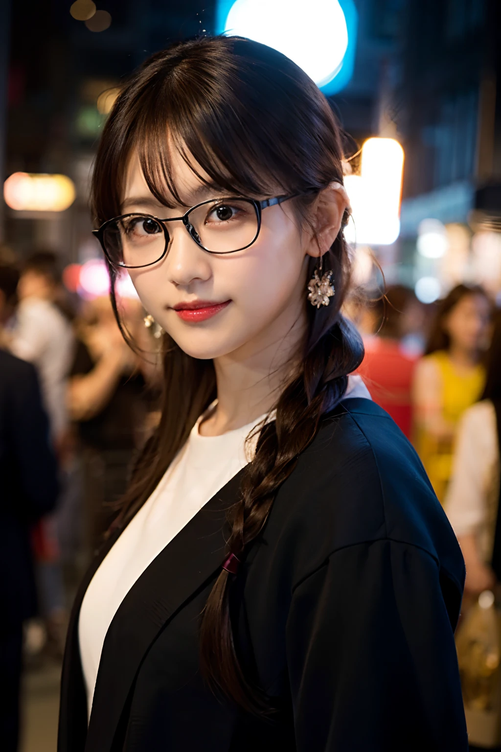 (8K、Raw photography、top-quality、masterpiece:1.2)、(realisitic、Photorealsitic:1.37)、ultra-detailliert、超A high resolution、女の子1人、see the beholder、beautifull detailed face、A smile、Constriction、(Slim waist) :1.3)、White summer clothes、Beautiful detailed skin、Skin Texture、Floating hair、Braided hair、Professional Lighting、Downtown at night、((Black square glasses )) 、Whole human body、Brown hair