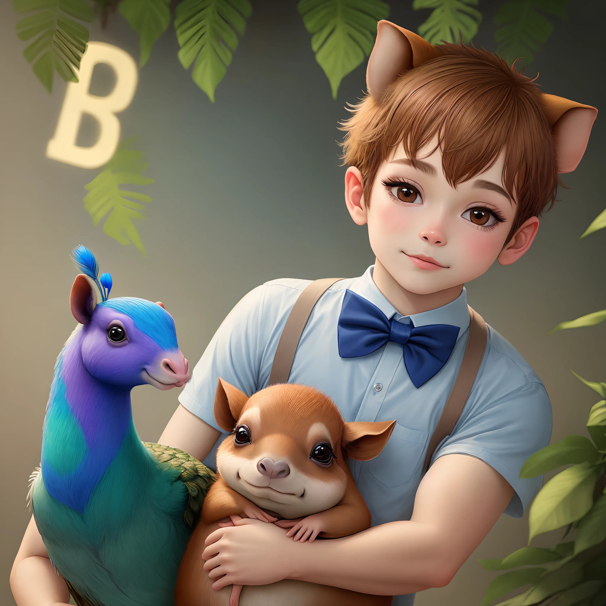 desenho de uma capivara usando avental, holding brushes with one hand and party bladders in the other, cuddled to a peacock wearing a bow tie with holding a slice of cake and a drink
