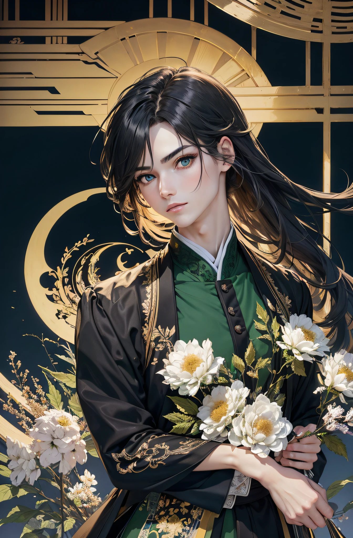 Meisterwerk, hyper HD,sehr detailliert, ((Ein Mann)),Perfektes Gesicht, grinsend,Japanisch Antiker Kleidungsstil,langes schwarzes Haar,green eyes,langes, flowy hair,Goldene Haarnadel,stattlich,gentle,hoch, green and white dyed clothes,outside,Bambus-Hain,Blick auf den Betrachter