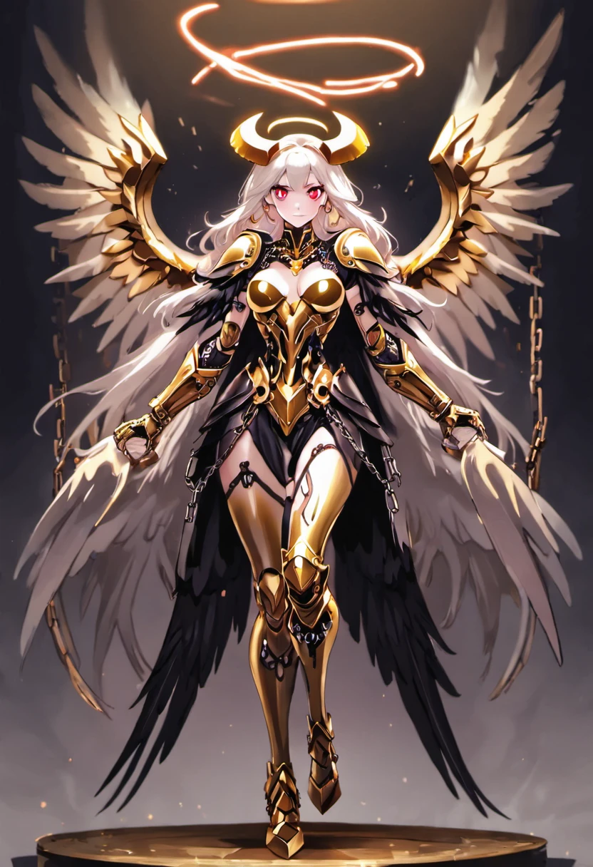 (((((ultra-detailed))))),(((((masterpiece))))), ((slender figure)), lustrous skin, (realistic:1.2), (((8k:1.1))), (manga realistic), (((beautiful face))), white long hair, (((Archangel with black wings))), (((Chains))), red eyes, (((perfect eyes))), (((horns))), ((((majestic)))), ((((gold armor))))