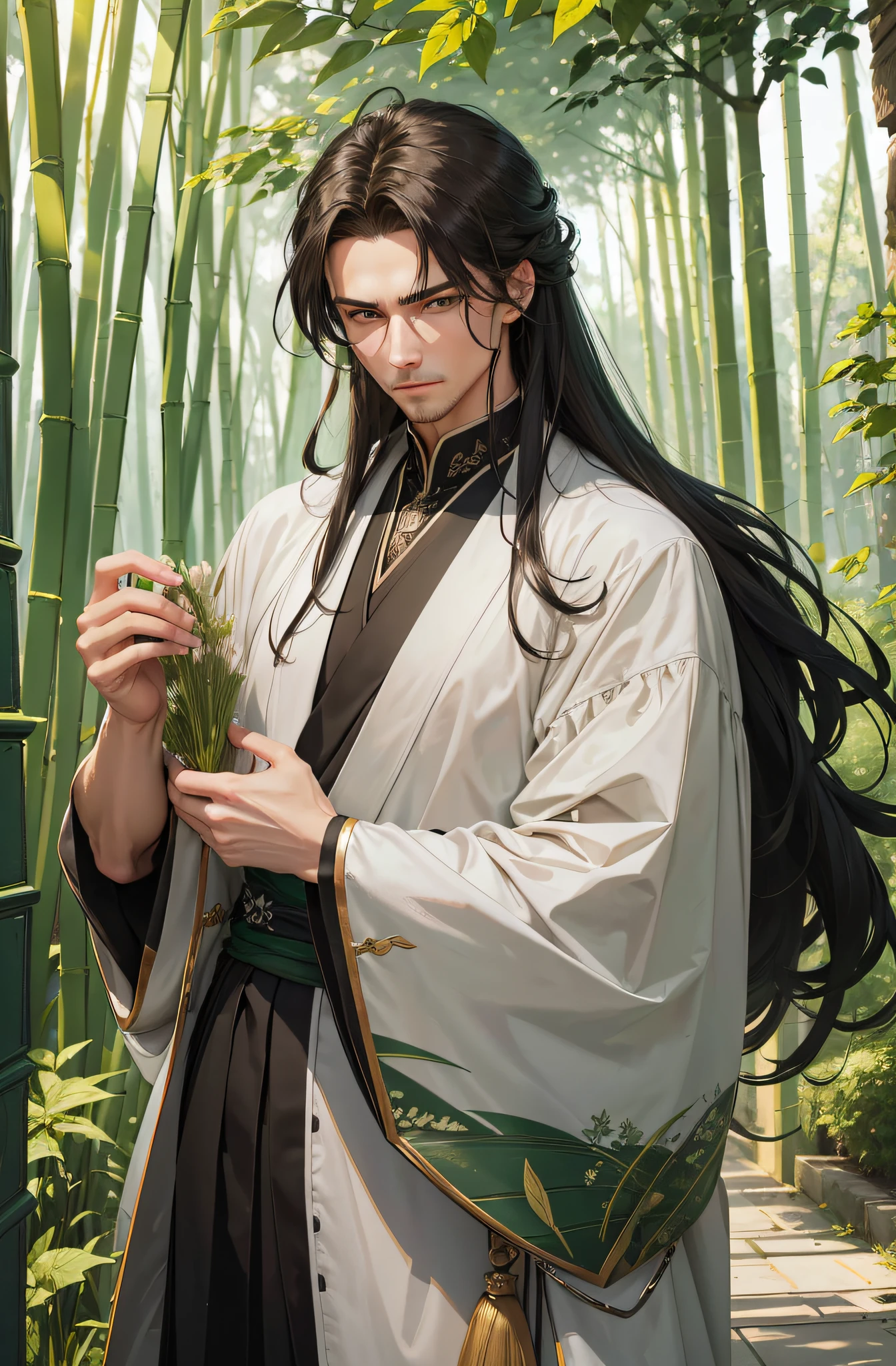 Meisterwerk, hyper HD,sehr detailliert, ((Ein Mann)),Perfektes Gesicht, grinsend,Japanisch Antiker Kleidungsstil,langes schwarzes Haar,green eyes,langes, flowy hair,Goldene Haarnadel,stattlich,gentle,hoch, green and white dyed clothes,outside,Bambus-Hain,Blick auf den Betrachter