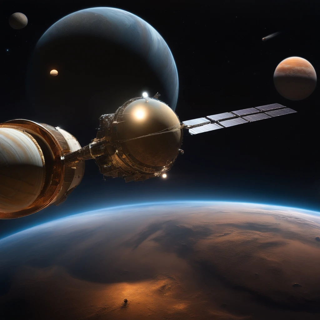 rockets orbit Jupiter's atmosphere, probes and epsacial satellites in the background