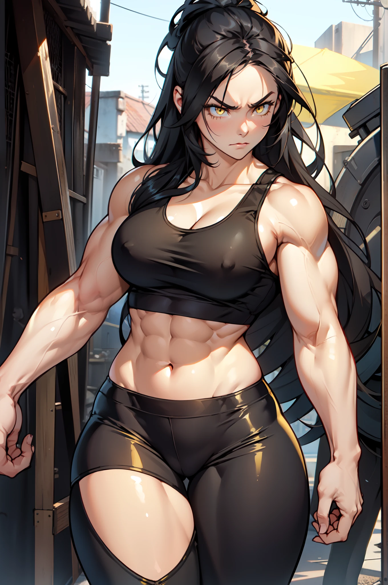 ((((muscular 1 girl)))) (thick thighs huge breasts curvy wide hips) very long hair black hair angry yellow eyes pale skin cowboy shot tank top leggings