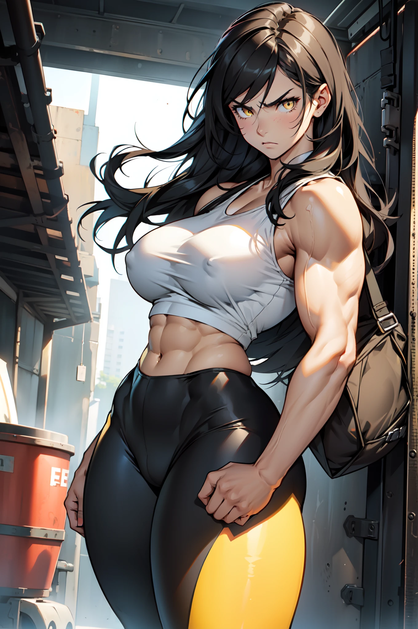 ((((muscular 1 girl)))) (thick thighs huge breasts curvy wide hips) very long hair black hair angry yellow eyes pale skin cowboy shot tank top leggings