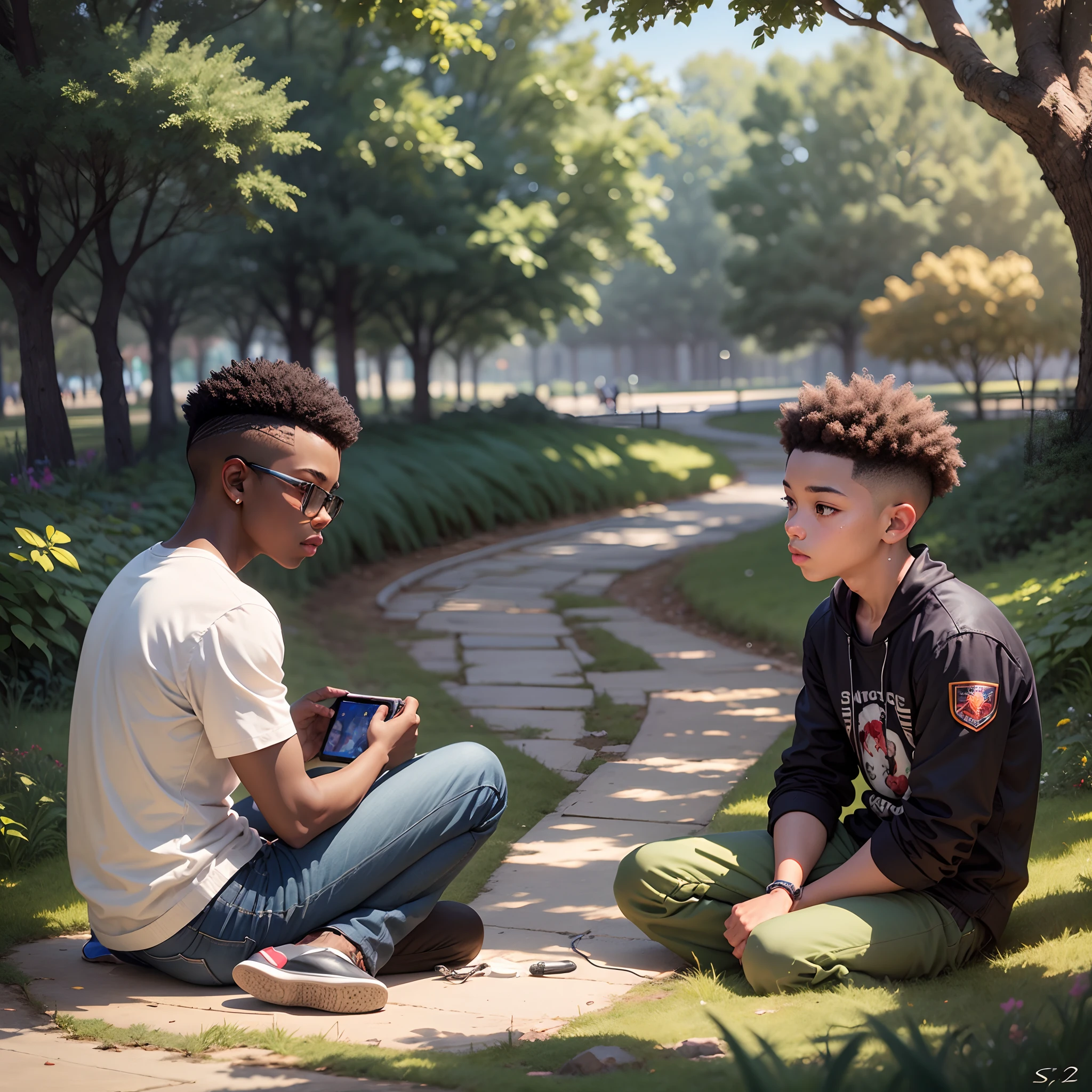 Sitting in the park, two boys, one light-skinned and the other dark-skinned, began talking about the world's greatest inventors, airbrush style --auto --s2