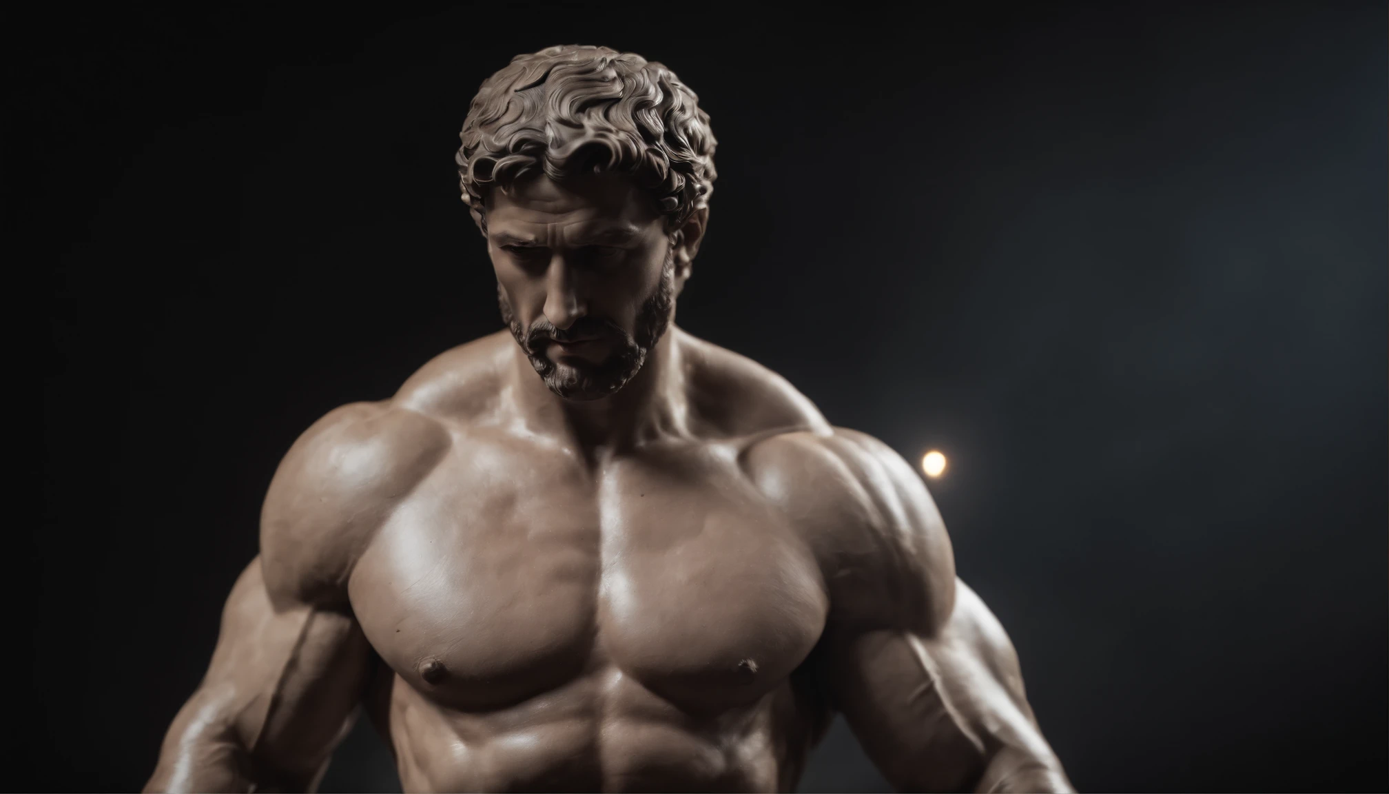 Hercules-style Greek stoic statue with highlighted muscles dark background