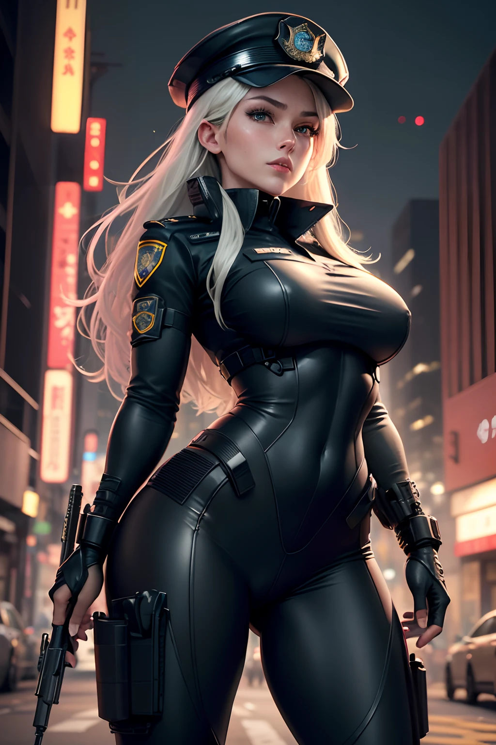 looking at viewer, police outfit, police hat, thick thighs, large breasts, sagging breasts, angled view, hands behind head, (masterpiece), (best quality:1.2), absurdres, intricate details, city, night, neon signs, cinematic lighting, (highly detailed skin:1.2)
