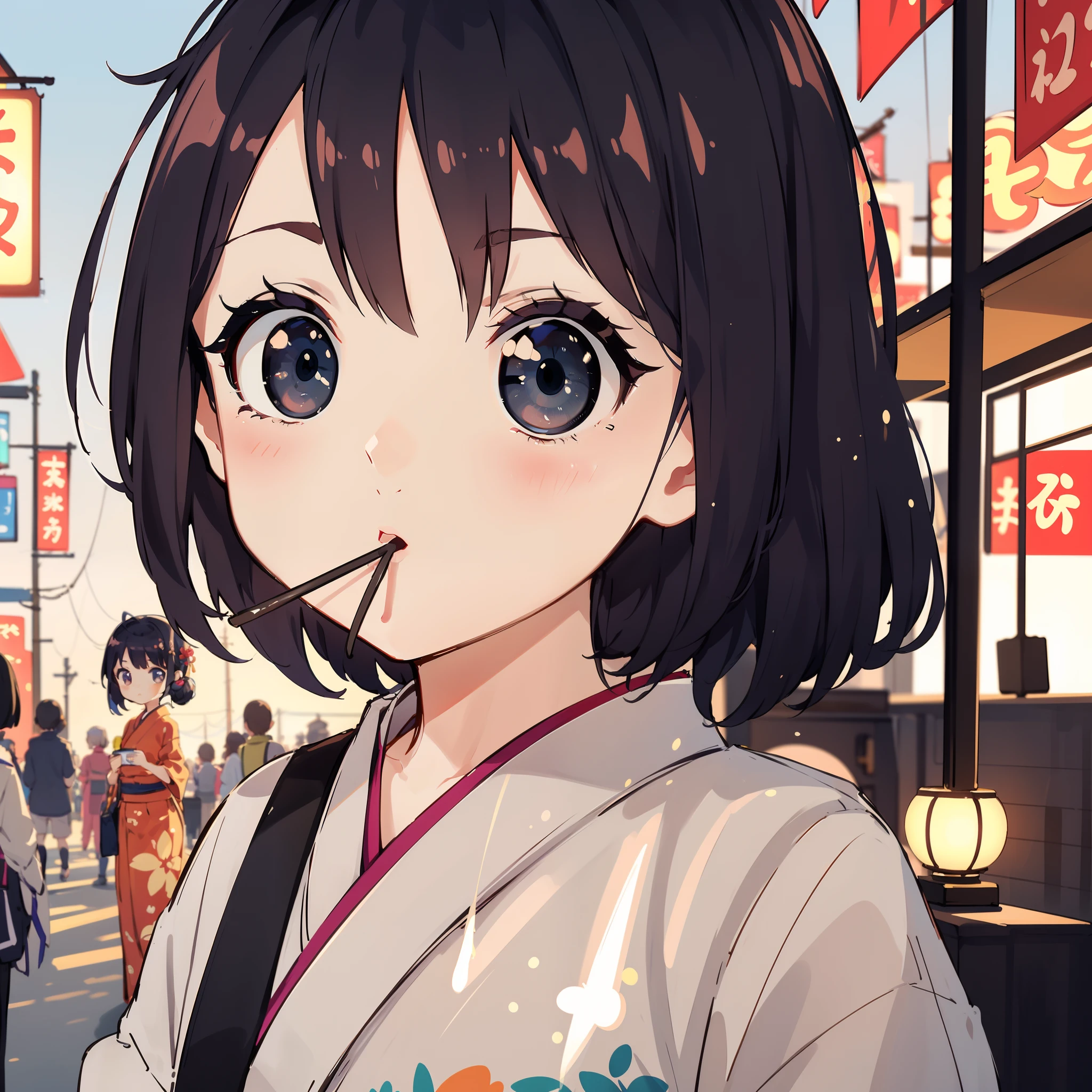 Chibi:1.8,Komono,Girl in Yukata,Blowing in the wind,Summer Festivals,natta,food stand,Spirit Stream,Big  Fireworks,poneyTail,(masutepiece: 1.3), (exquisite detailing: 1.2), Delicate and beautiful details, (Eye Detail), (Facial Detailed), (Highest Quality) :1.4), (Hyper-Resolution: 1.2), (very detailed illustration),Best Quality,depth of fields, Wide light, natural shadows