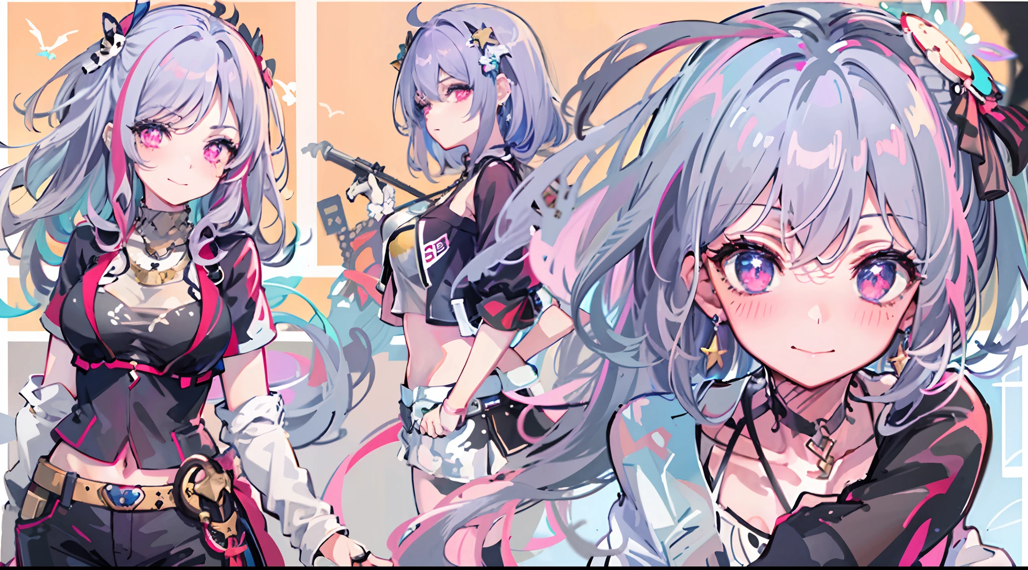 masterpiece, of the highest quality, Highly detailed,The best shading、three sided view、
Beautiful anime face and eyes, cowboy shot, Standing, Good posture, Right hand on hip, The left hand draws a circle、Hold up your little finger、Glowing skin, ear piercings,Shorthair,Side tail、Hair that hides the eyes、Cool Face、Petite、Circle of Angels、Angel wings、Hanging、
Light blue hair color,Purple inner hair color, Hairpin, (agitation:0.8)、(A big smile:0.9)、red blush,Multicolor eye color、Hanging、normal hands, Colossal tits, Ring-shaped bangle on left hand, Choker,hair pin、
leather jackets、Tube Top Shirt、hotpants、Stockings、Navel、Umbilical piercing、The tattoo、clothes shiny、Ring overhead、
Night, fullmoon, starrysky、Scattered light particles, Blurry background image,
