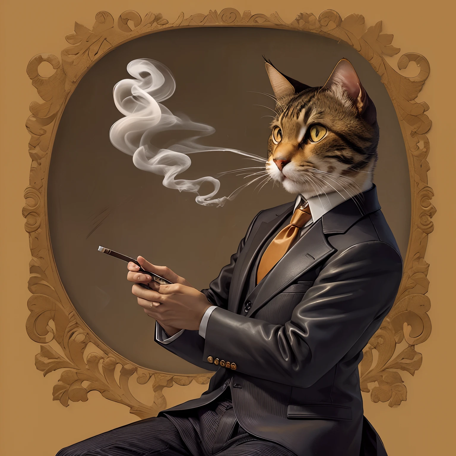 a cat acting like a person smoking, wearing a tie, his hands look like cat paws, carved leather art, smoking lounge background 24k resolution
